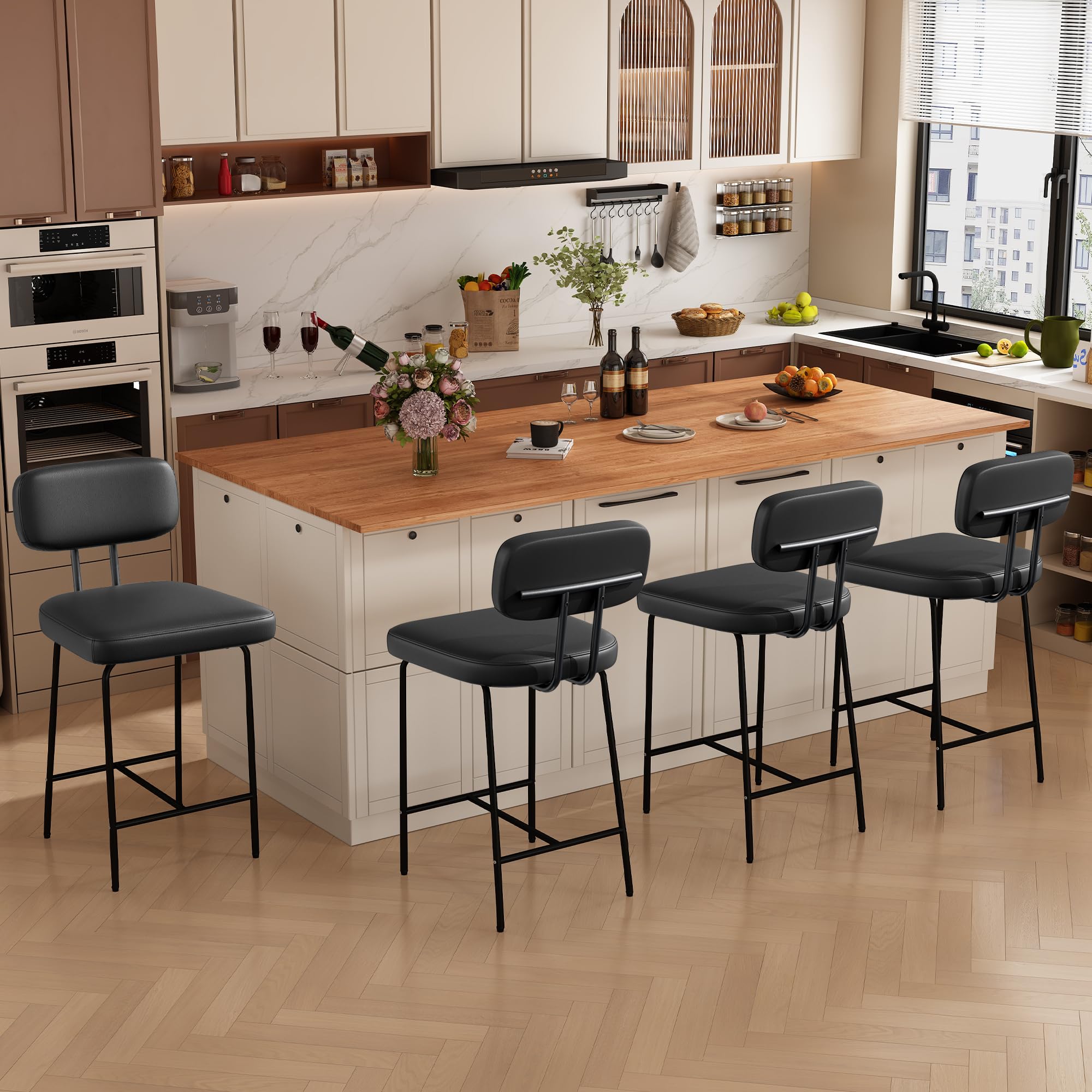 counter height bar stools set of 4, leather counter bar stools, 26" upholstered kitchen island chairs barstools with back and metal leg footrest, black