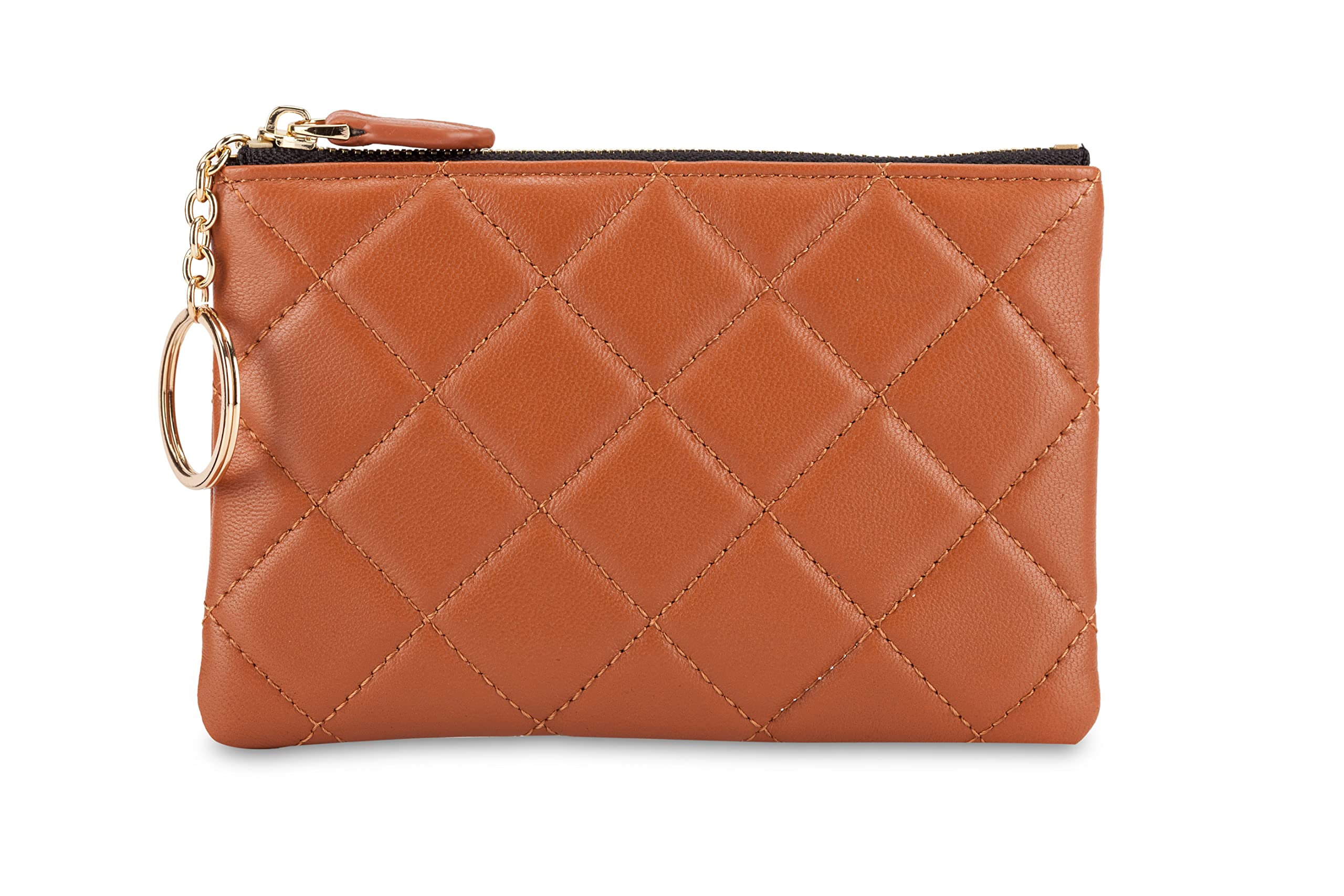 DORIS&JACKY Münzgeldbörse aus weichem Lammleder, klein, gesteppt, RFID-blockierend, Reißverschluss, Geldbörse mit Schlüsselanhänger, Braun, Stil 1