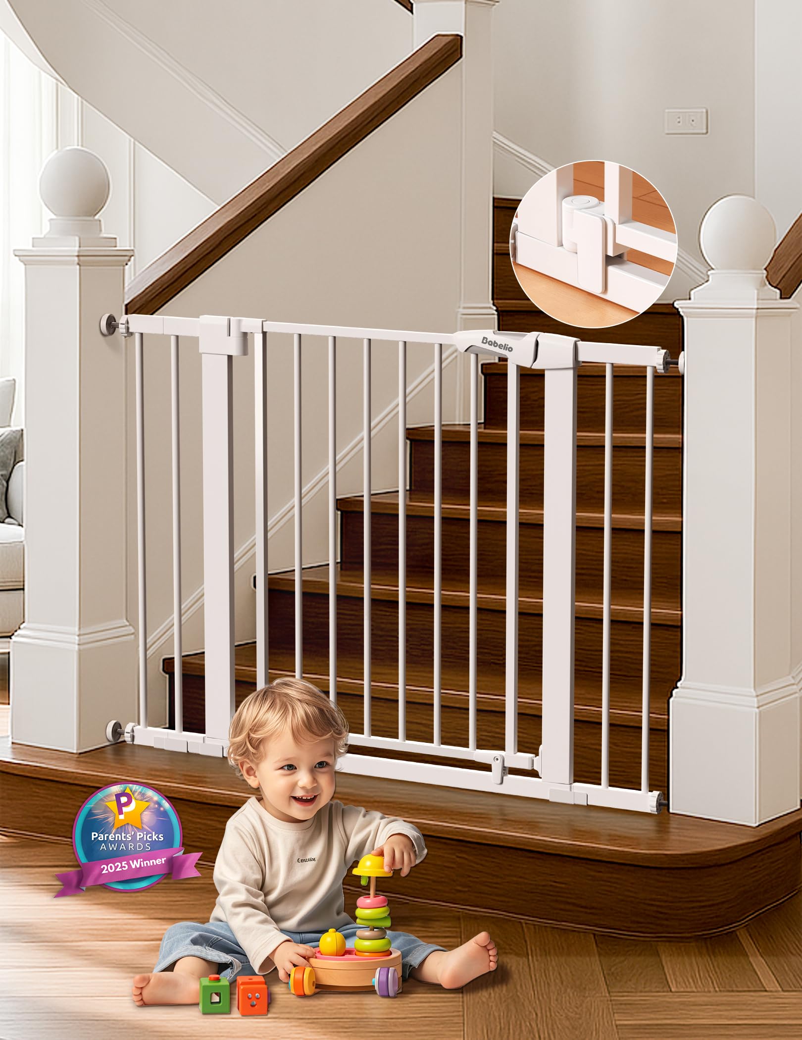 Babelio 29-43" Magnetic Baby Gate for Stairs,Doorways House,Kitchen,30" Tall Pet Door with Baffles,Pressure Mounted &amp; Dual-Lock Design Safety for Kids Toddler,Auto-Close/Hold-Open,White