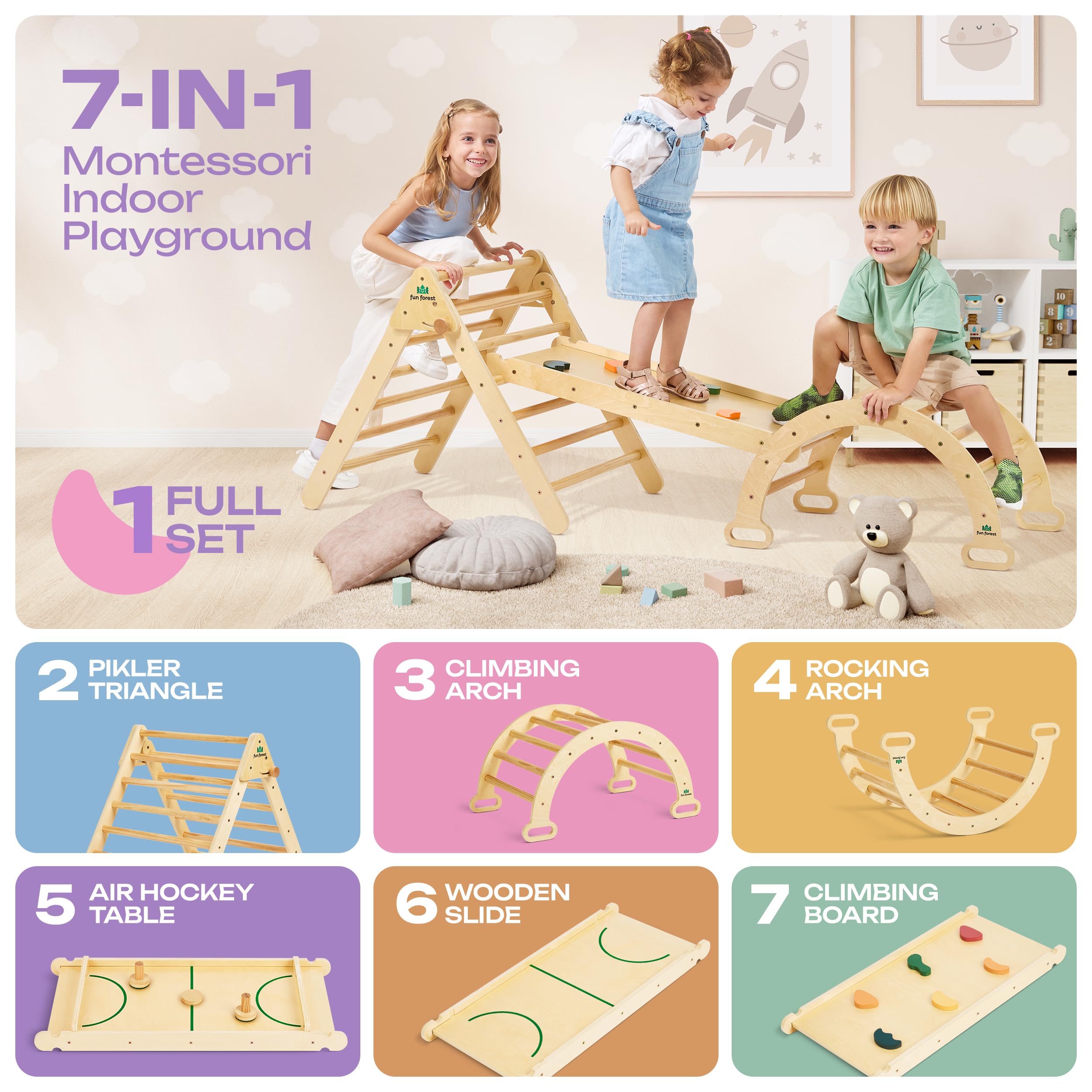 FUN FOREST 7-in-1 Pikler Triangle Set, Real Wood Montessori Climbing Set, Foldable Toddler Climbing Toys Indoor, Baby Climbing Gym: Arch, Ramp, Ladder, Hocky Table