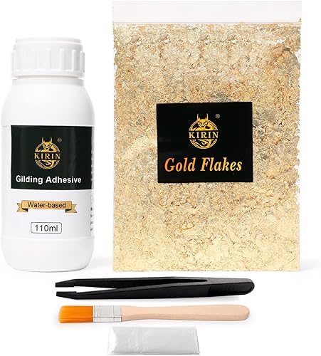 Adhesivo dorado de 3.7 fl oz, kit de copos de oro de 0.18 oz con adhesivo de hojas de metal dorado, pegamento a base de agua de resina epoxi para