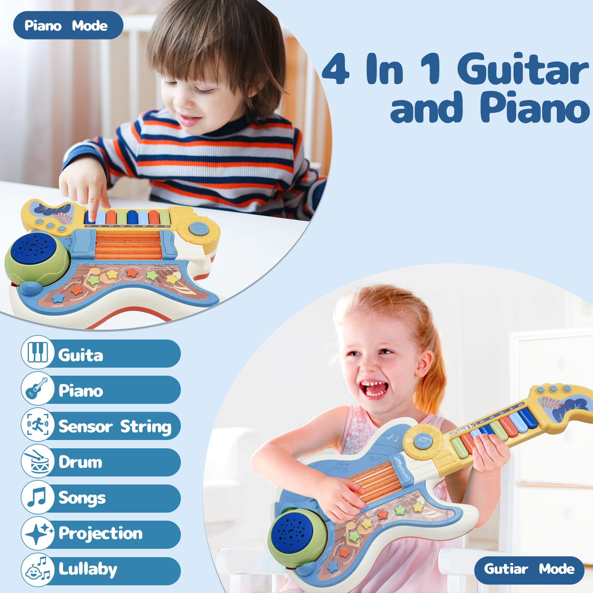 Toddlers Guitar, 4 in 1 Kids Guitar and Piano Guitars for Toddlers 2-4 with Lullaby Projector Toy for Kids Musical Instruments Toys for a 3 4 5 Year Old Boys Girls Gifts