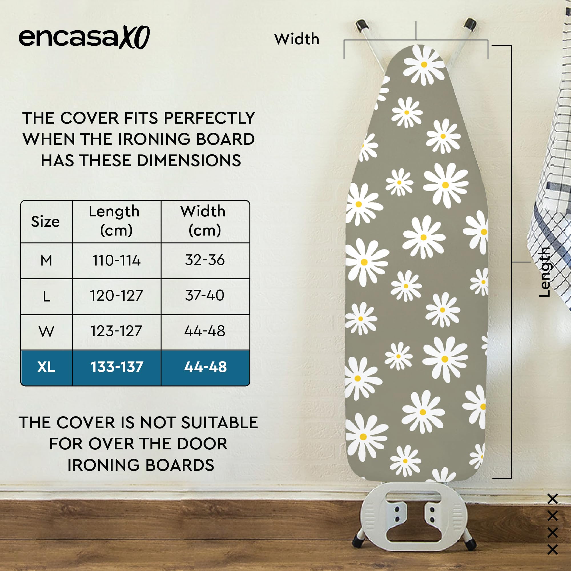 The Encasa XO Ironing Board Cover in Daisy Grey offers a stylish and functional upgrade.