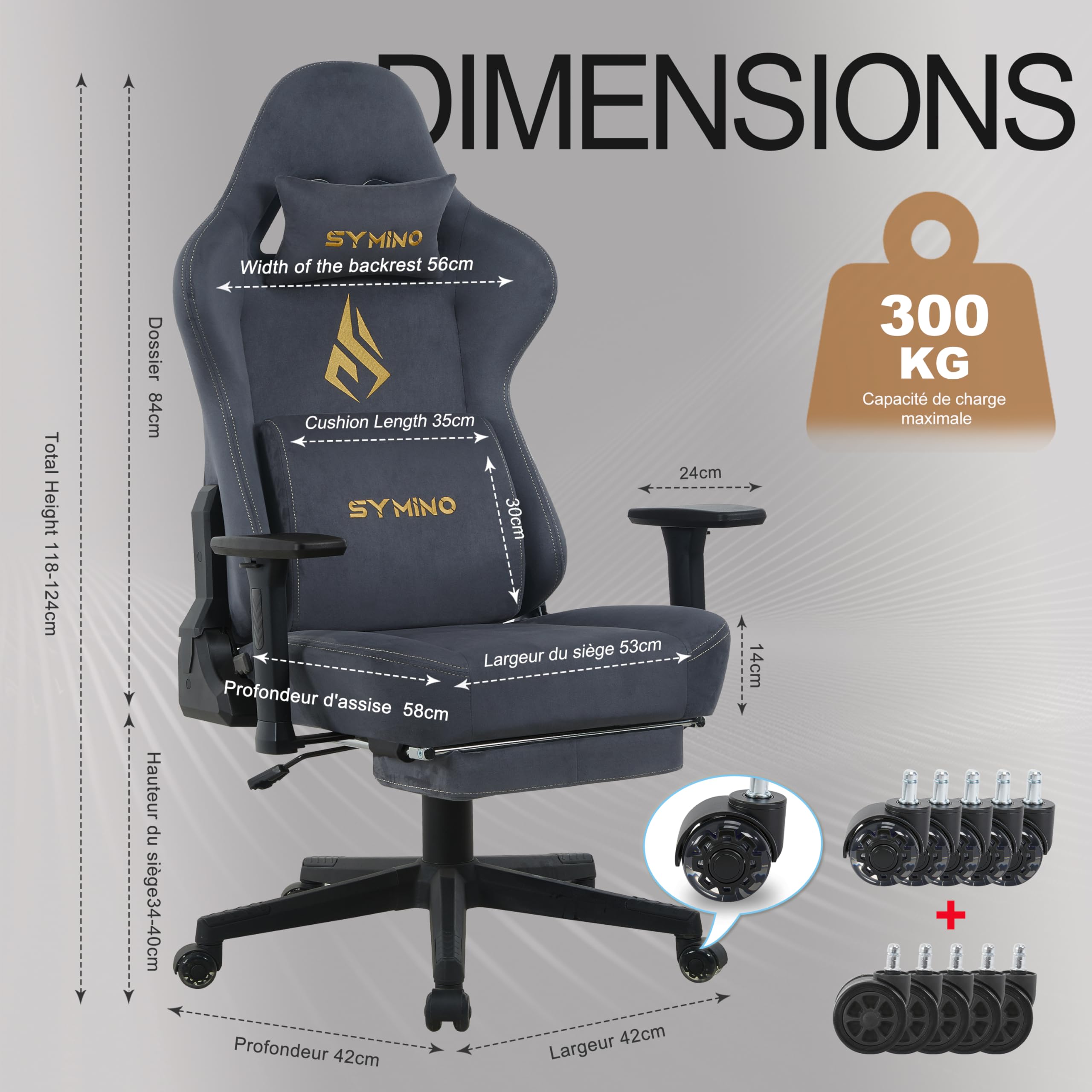 Symino Chaise Gamer XL, Siège Large Mousse+Latex, Support Lombaire & Tête, Inclinaison 175°, 300kg, Roues Silencieuses Incluses (Faux Daim, Gris)
