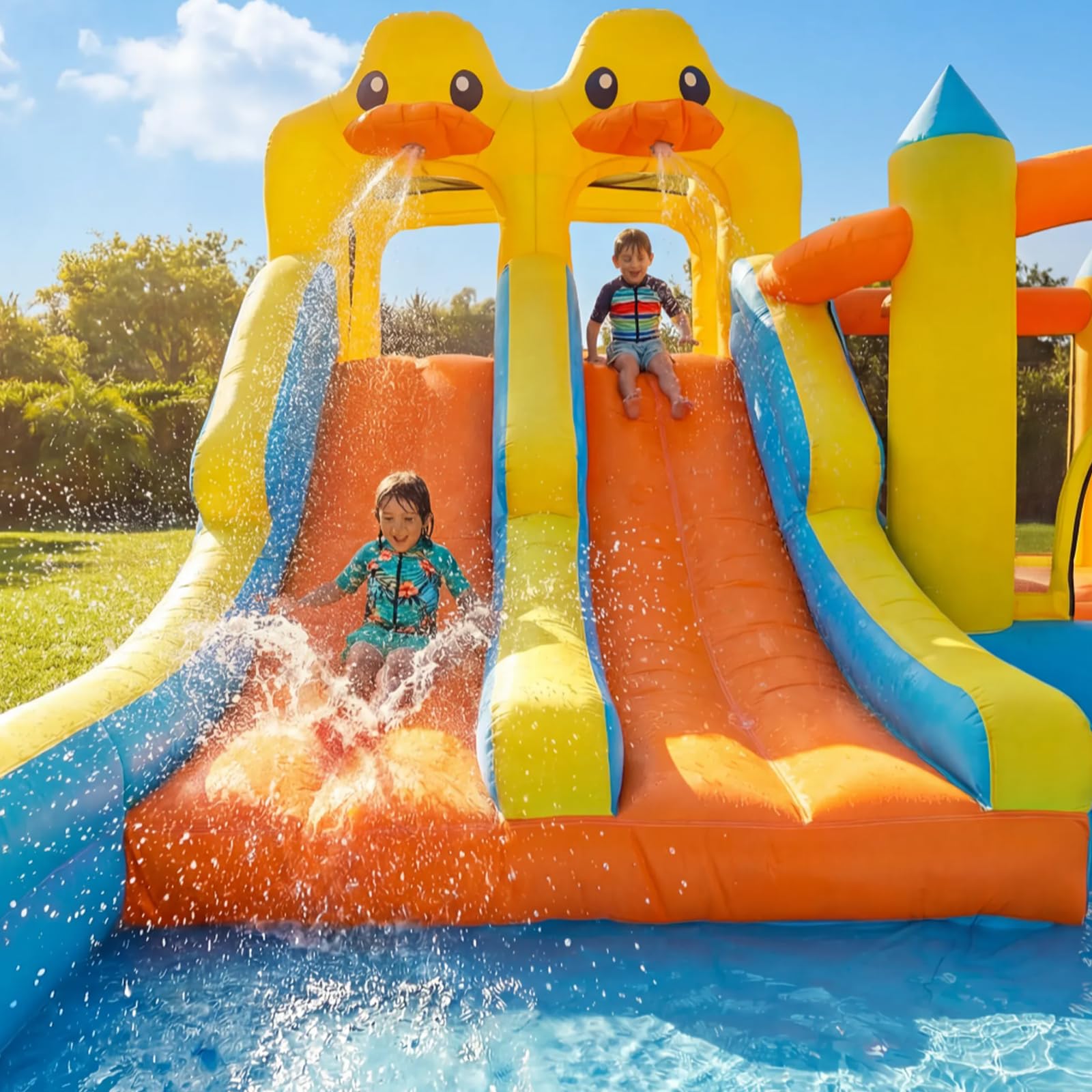 Hapfan Hüpfburg mit Wasserrutsche, 10 in 1 aufblasbare XXL Hüpfburg inkl. Gebläse mit Kletterwand, Springfläche, Wasserpistolen, Splash Pool & Basketballkorb für Kinder, Indoor/Outdoor, 536x436x245