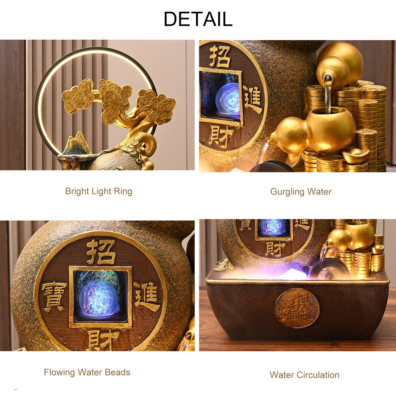 Fontaine à Eau Feng Shui avec Arbre à Monnaie et Roue à Eau – Élégante Fontaine Interieur pour Salon, Bureau et Cadeau