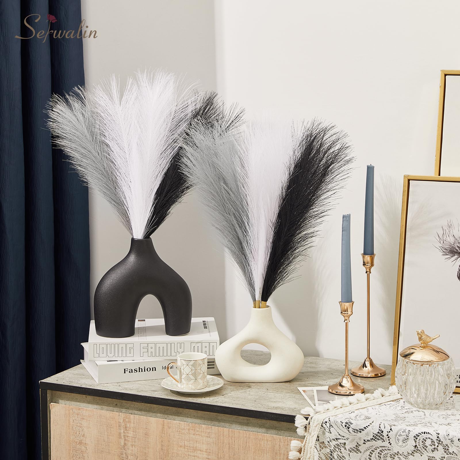 Serwalin Pampasgras Dekor Schwarz Pampas Dekor, 45cm 6pcs Faux Pampas Grass Modern Home Decor, Künstliches Pampasgras Weiß Grau Party Gothic Raumdekoration, Pampasgras Blumenstrauß Vase Filler