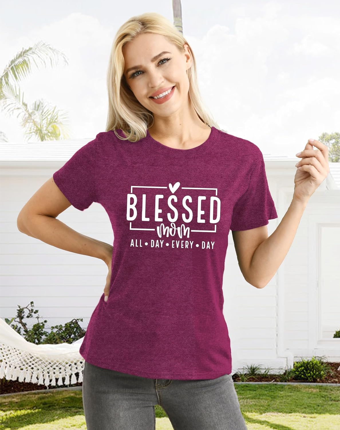 Women Mom Shirt Blessed Mom All Day Every Day Letter Print T-Shirt Best Mama Tee Tops - Image 2