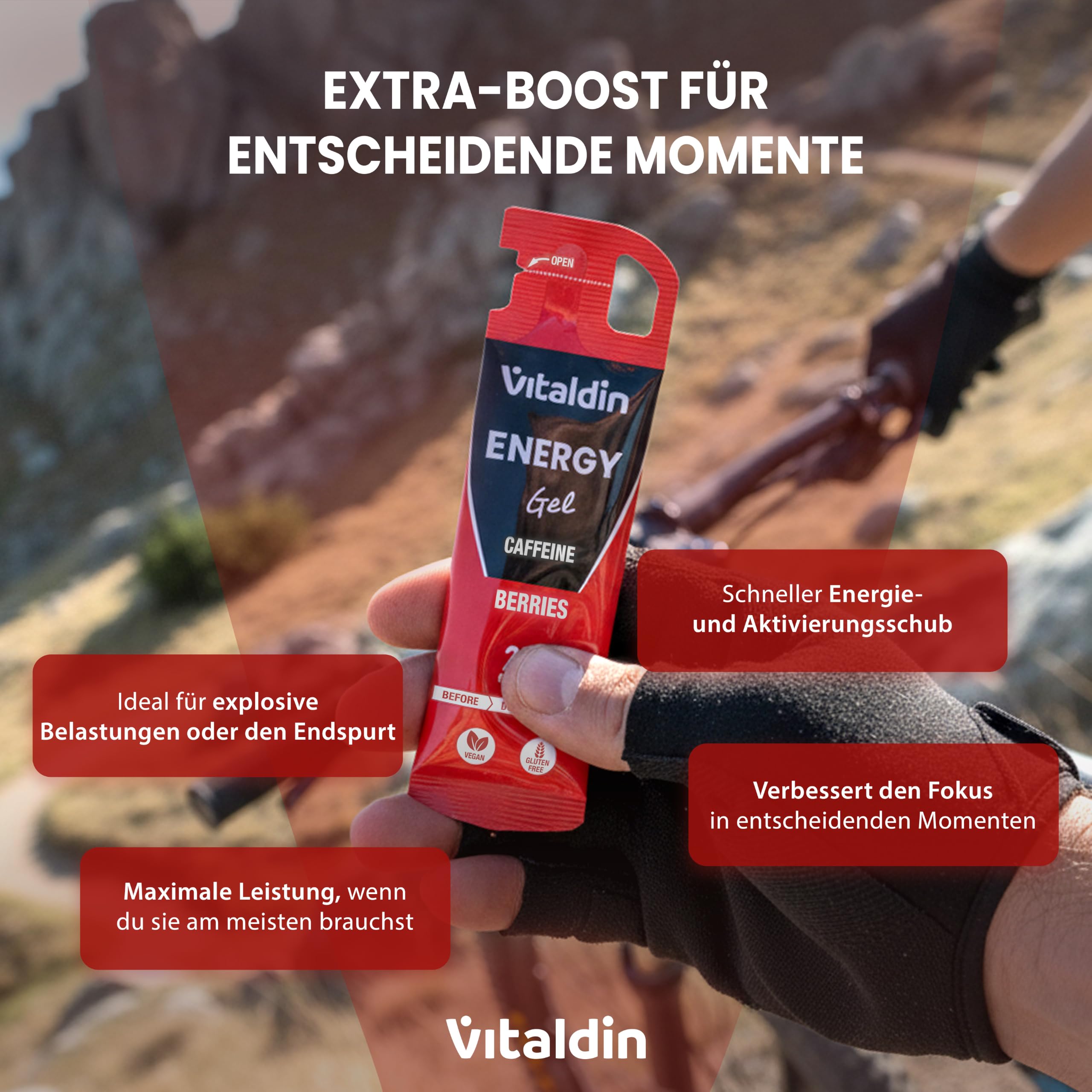 VITALDIN SPORT Energy Gel Caffeine – 24 Gels x 40 g – Energiegel mit Beerengeschmack – 60 mg Koffein & Vitamin B6 – Schnelle Energie & allmähliche Freisetzung – Running, Radfahren & Sport di Ausdauer…