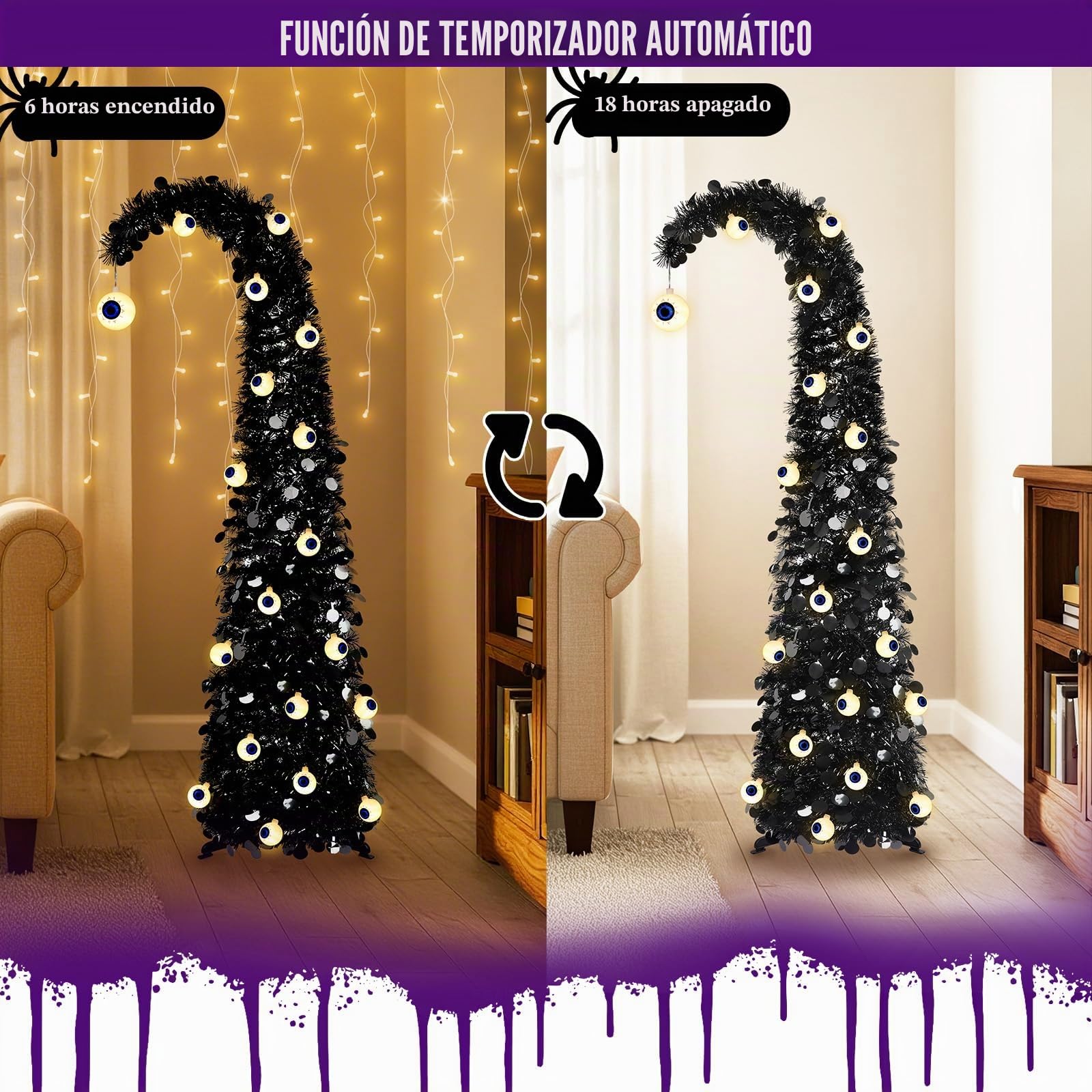 MACTING Árbol de Halloween caprichoso con cadena de luces de globo ocular de 5 pies, árbol de Navidad desplegable negro con 30 luces de globo ocular, árbol curvado para apartamento, porche, interior y