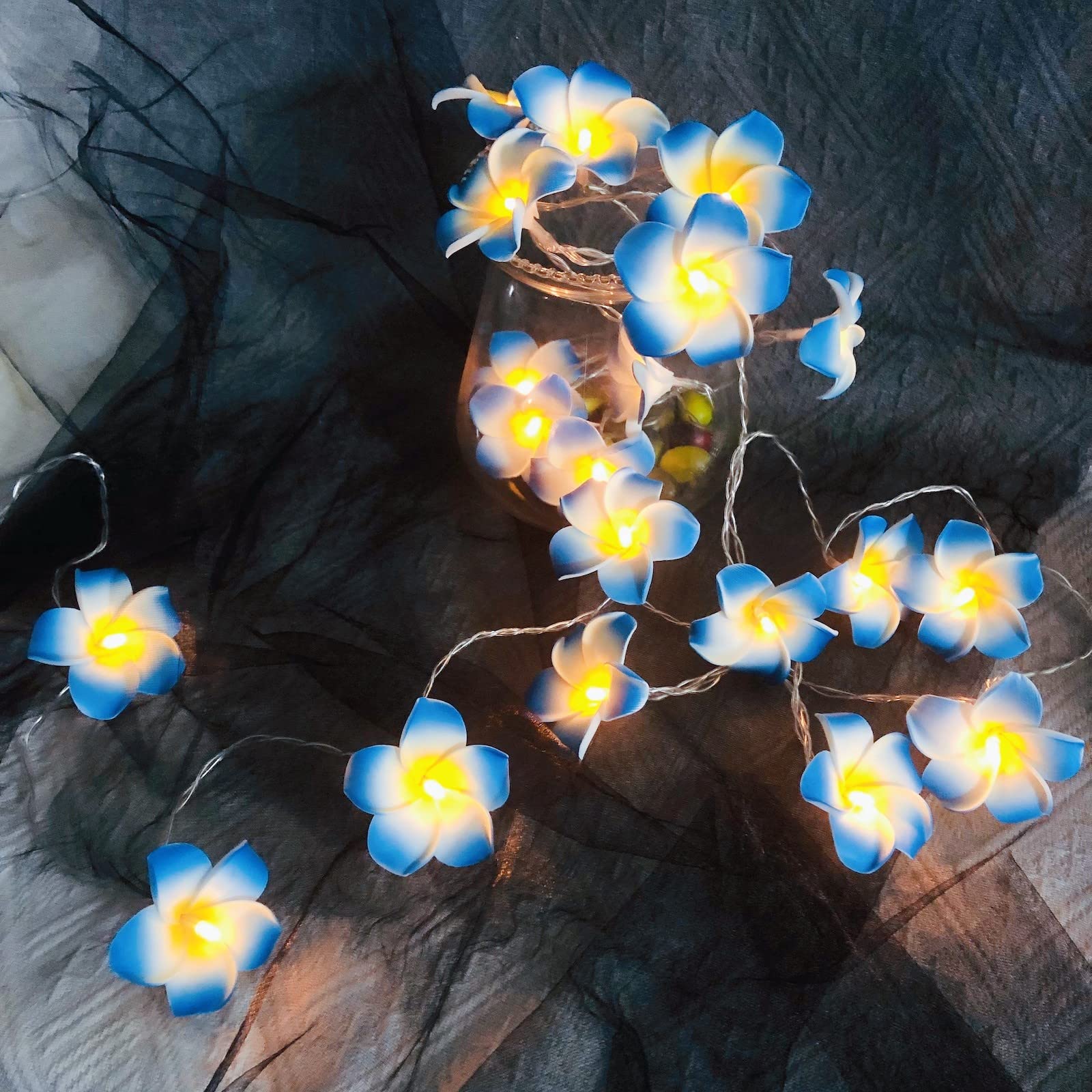 Riaxuebiy 20 LED Plumeria String Lights Frangipani Flower Fairy Lights Eggflower Decorative Garland Battery Operated for Wedding Party Birthday Festival Decor (2m20led, Blue Plumeria)