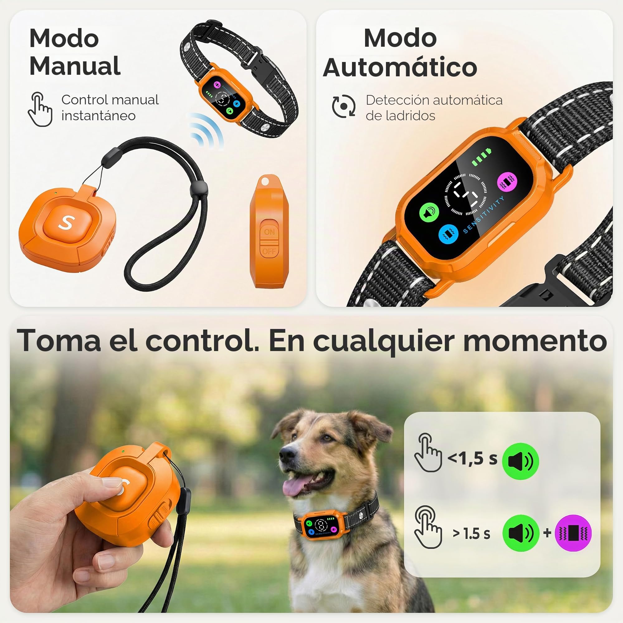 Lote de Dos Collares 2 en 1 Antiladridos y Adiestramiento para Perros con Mando a Distancia – Automático y Manual – Sin Descarga Eléctrica – Modo Pitido y Vibración Progresiva (Negro y Naranja)