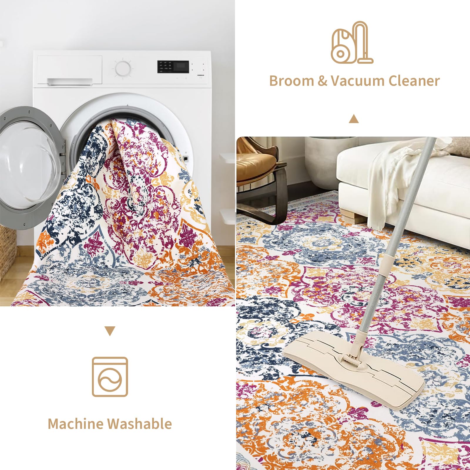 Enyhom Tappeto Salotto Lavabile in Lavatrice, 160 x 230 cm Boemia Tappeto Camera da Letto Morbido Tappeto Soggiorno Antiscivolo Tappeti per Interni, Sala da Pranzo, Salotto, Cameretta