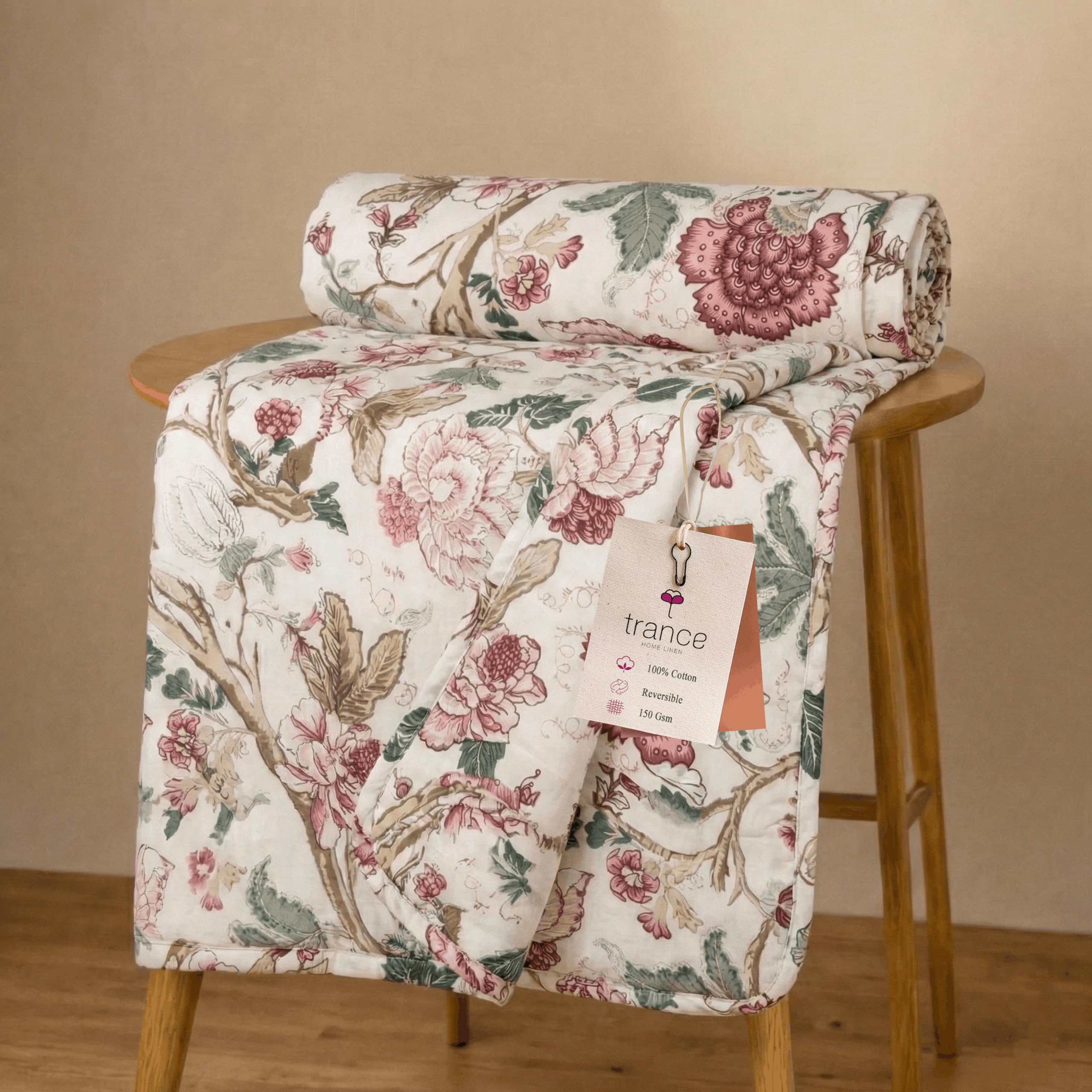 Trance Home Linen 100% Cotton Reversible Dohar Single Bed Size | Jaipuri Printed Artisan Block Design Blanket | Soft Lightweight AC Summer Comforter Quilt (56x88,Malhaar Red)