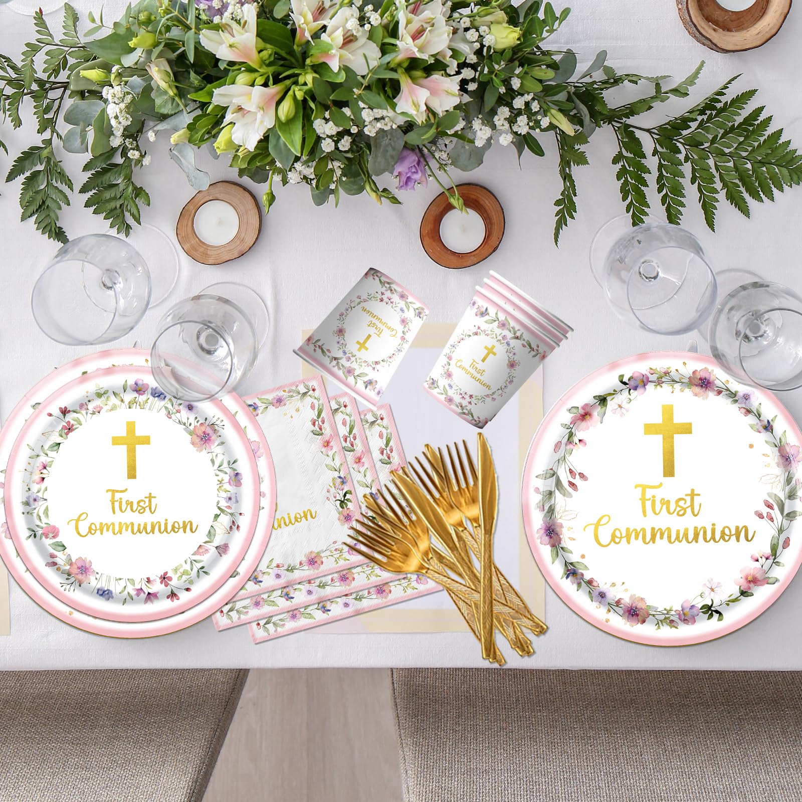 Decoraciones de primera comunión, 150 platos y servilletas rosas de primera comunión, suministros de cumpleaños, suministros de cumpleaños, vajilla de papel para niñas, bautizo, celebración, fiesta de