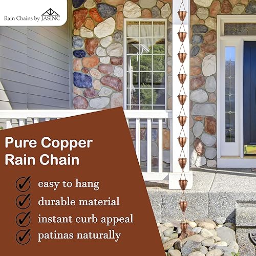 Miniatura 2 de Copas de cosquilleo de cobre puro de 8.5 pies, para reemplazar la canaleta de techo, con kit de instalación, colector de agua de lluviadesviador de