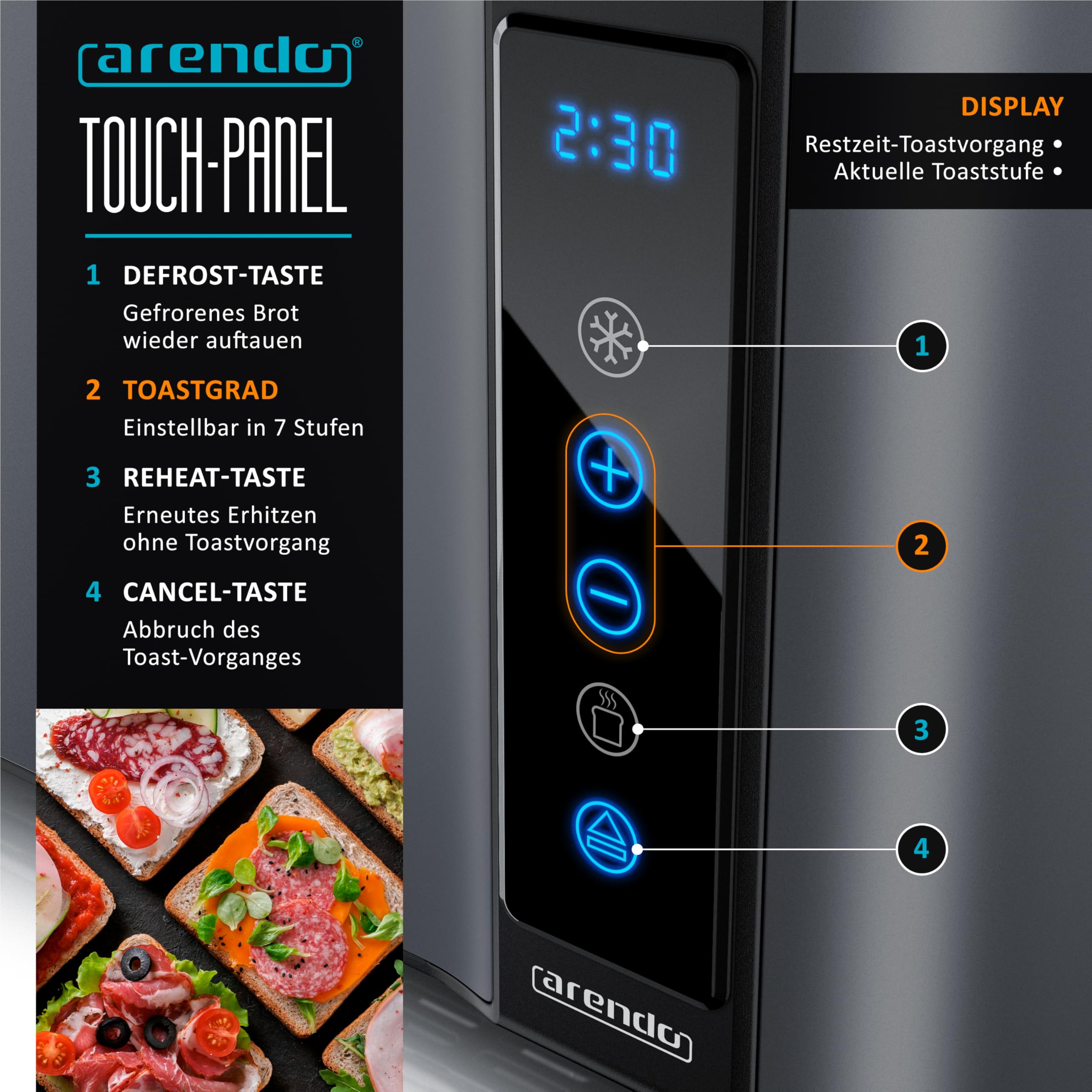 Arendo Wasserkocher Toaster Set Edelstahl 45-100 Grad Warmhaltefunktion 4 Scheiben Touch Display Brötchaufsatz Cool Grey