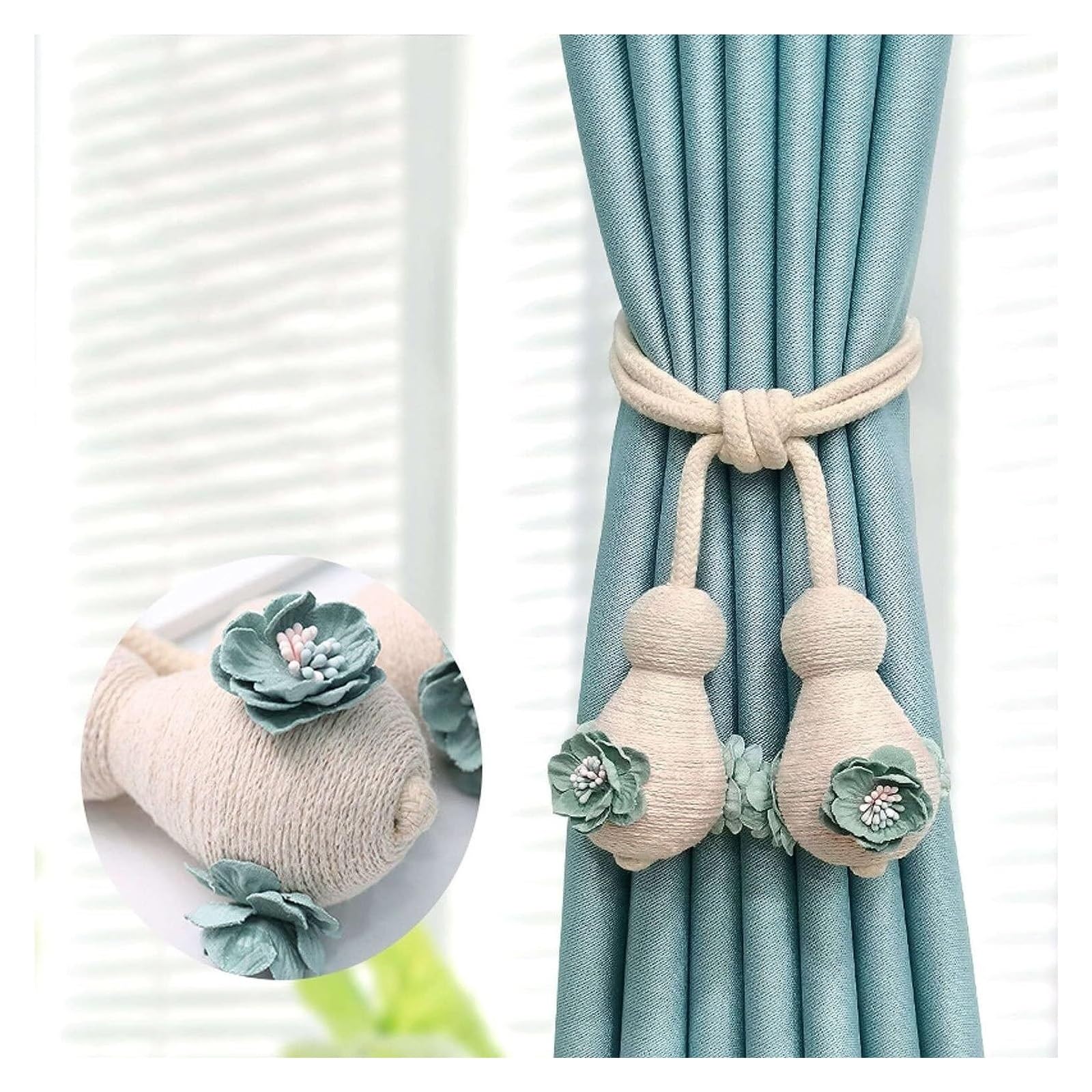 Embrasses à Rideaux en Corde Tissée à Pompon, 2 Pièces Embrasses à Rideaux Décoratives Faites À La Main Embrasses à Drapé, Corde Tissée en Coton Simple avec Boule Suspendue à Fleurs Attachées, Facil