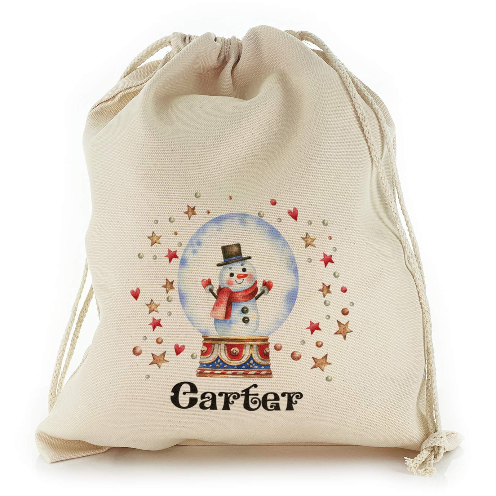 Personalised Gift Bag For Christmas, with Snowman Hearts Snow Globe Design Print, Reusable, Xmas Drawstring Sack Customised with With Name/Initials/Text, Sizes: XXS, XS, S, M, L, XL