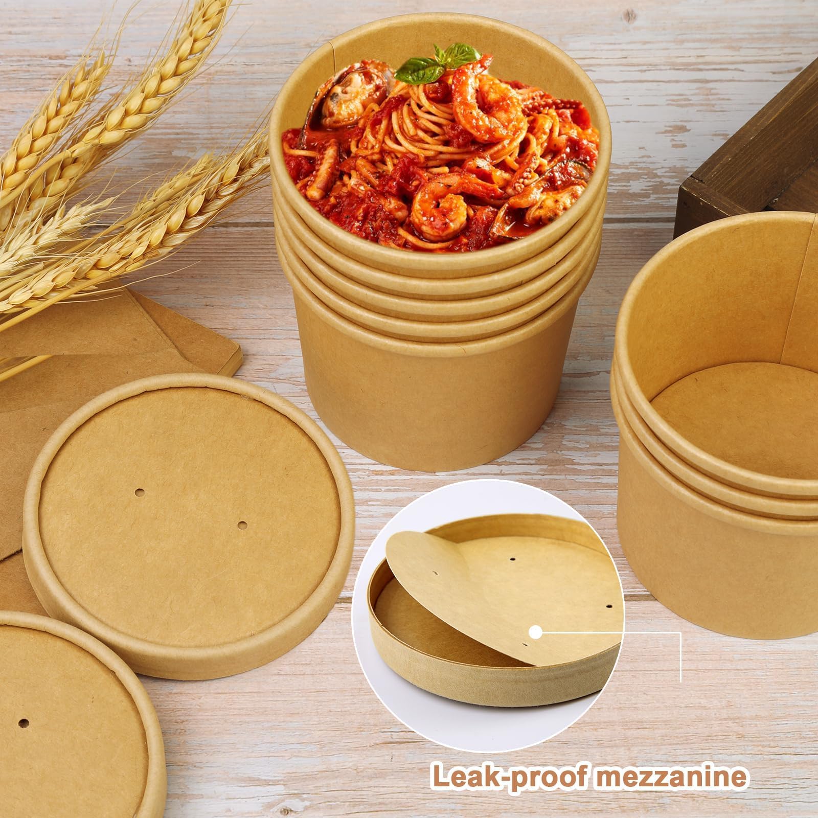 Paquete de 75 tazas de sopa desechables, cuencos de papel kraft desechables de 12 onzas con tapas ventiladas, vasos de sopa de papel, recipientes de papel kraft para alimentos, vasos de papel