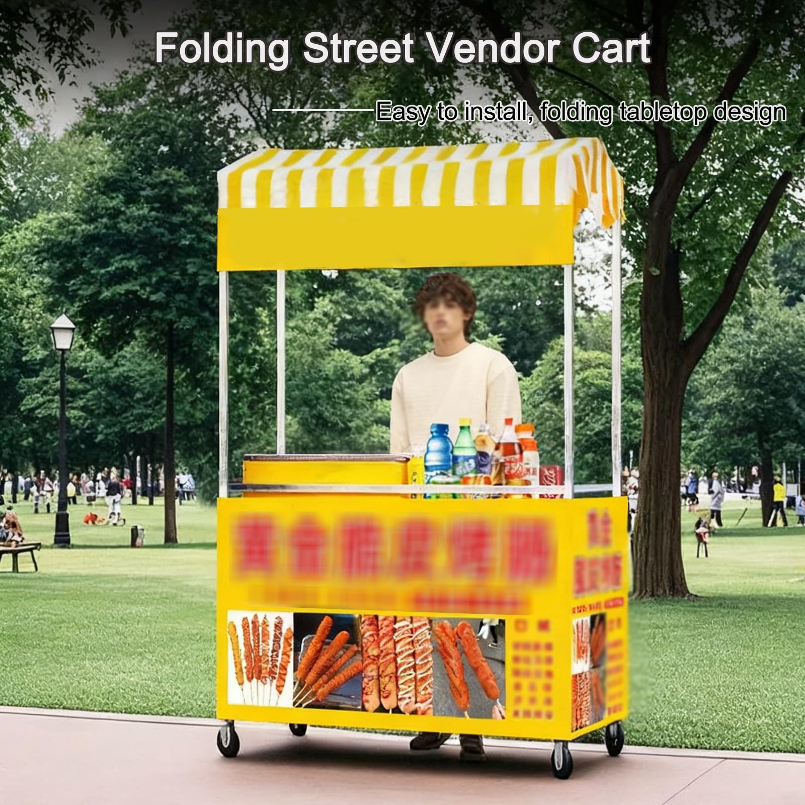 Ice Cream Vending Cart - Ruchomy stojak na stoisko na kółkach z pasiastym daszkiem do żywności i wydarzeń na rynku