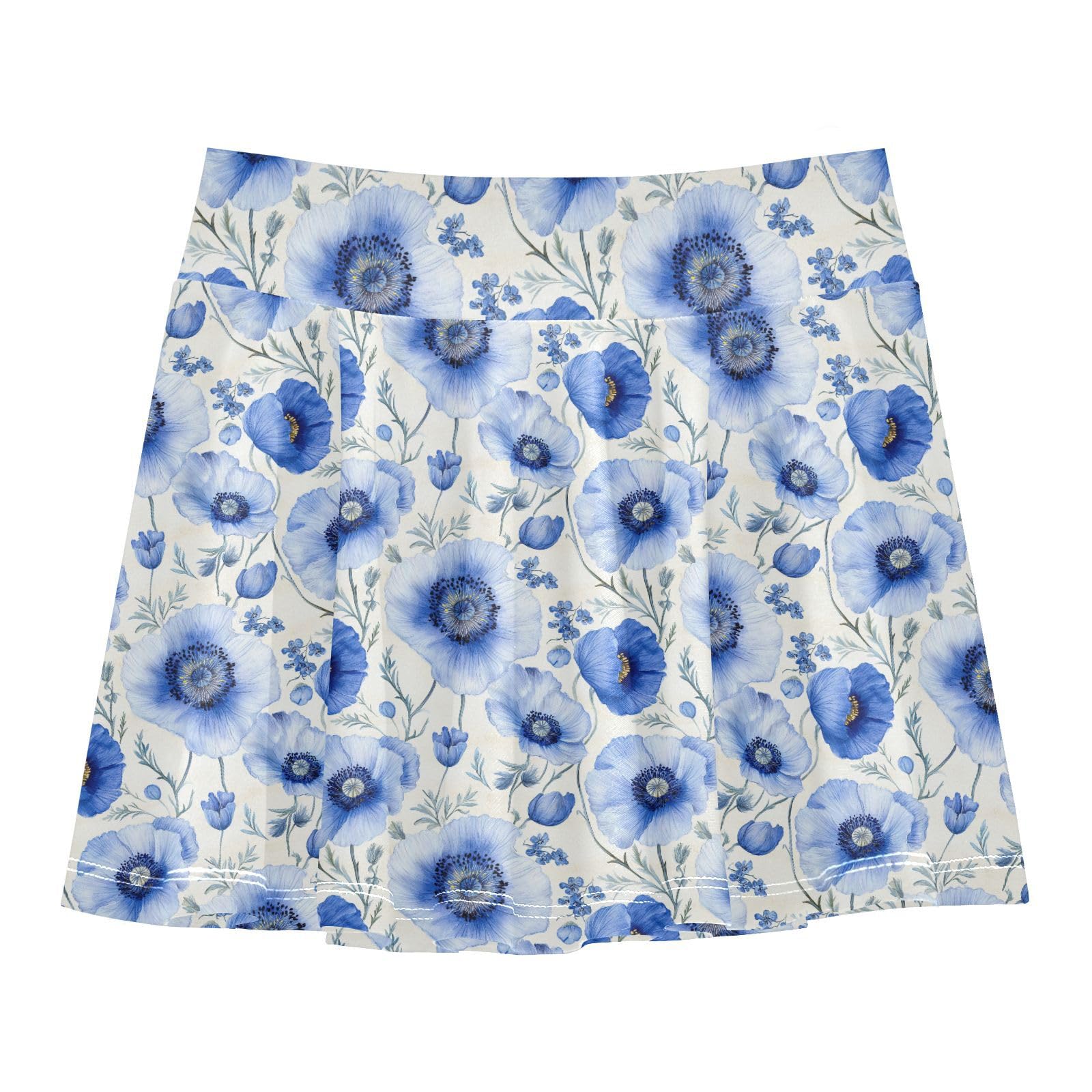 Blue Poppy Flower Skirt for Girls with Built in Shorts Flowy Skort Kids with Pockets Skorts for Little Girl