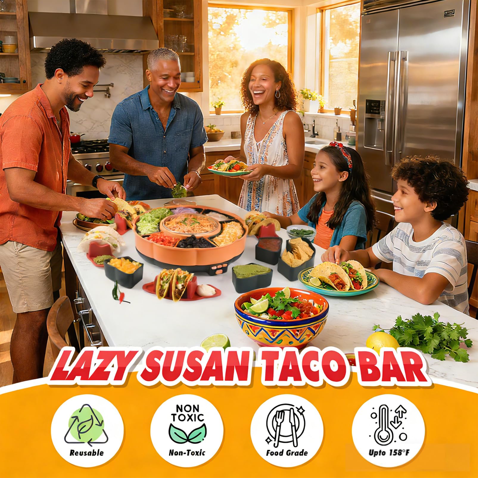 Zestaw Serwisowy Lazy Susan Taco Bar, Obracany 360° Zestaw Taco Tuesday Z 6 Wyjmowanymi Tacami & 4 Uchwytami Na Taco, Podgrzewany Garnek Z 3 Poziomami Temperatury Do Tacos, Nachos, Burritos, S’mores