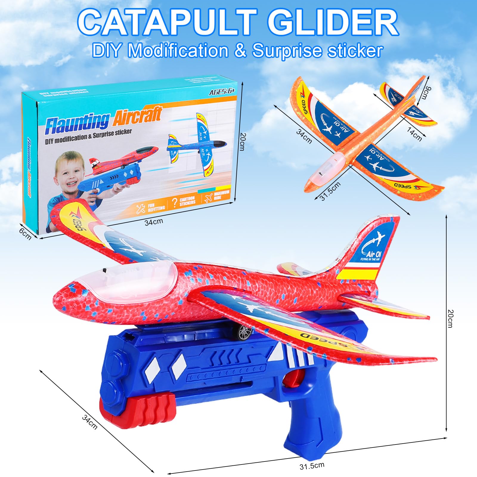 TEGOVE Avion Planeur en Polystyrène avec Pistolet Catapulte LED - 3 Avions Jouets Volants pour Enfants 3-10 Ans, Jeux de Lancer Extérieur Cadeau Anniversaire Garçon Fille - 2