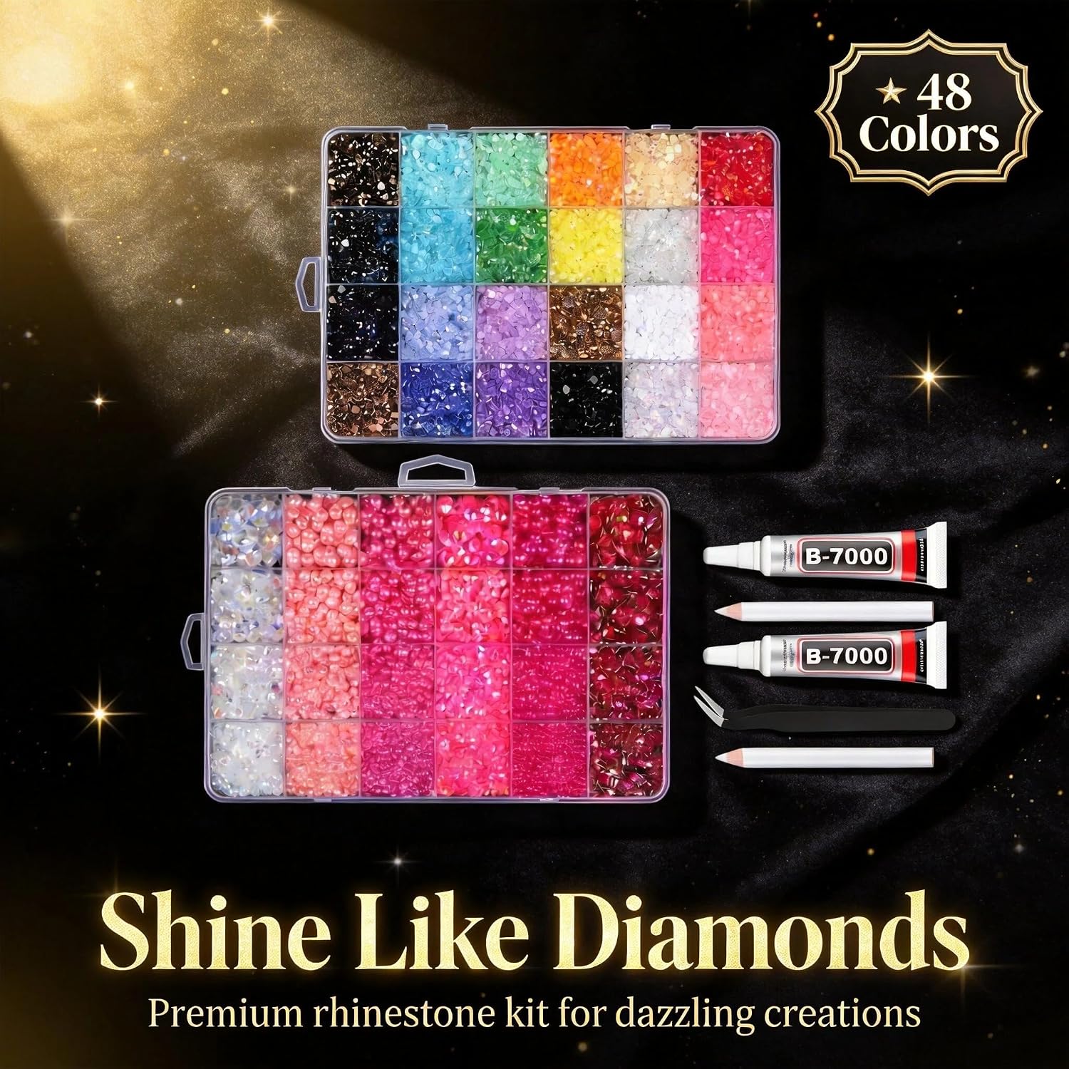 2 Boxes 48 Colors of Jelly Rhinestones for Bedazzling Kit, 3/4/5/6mm Multicolor Resin Flatback Gems for Diamond Art, Bedazzler Kit with Rhinestones B7000 Glue for Crafting with the Bedazzler, Nail Art