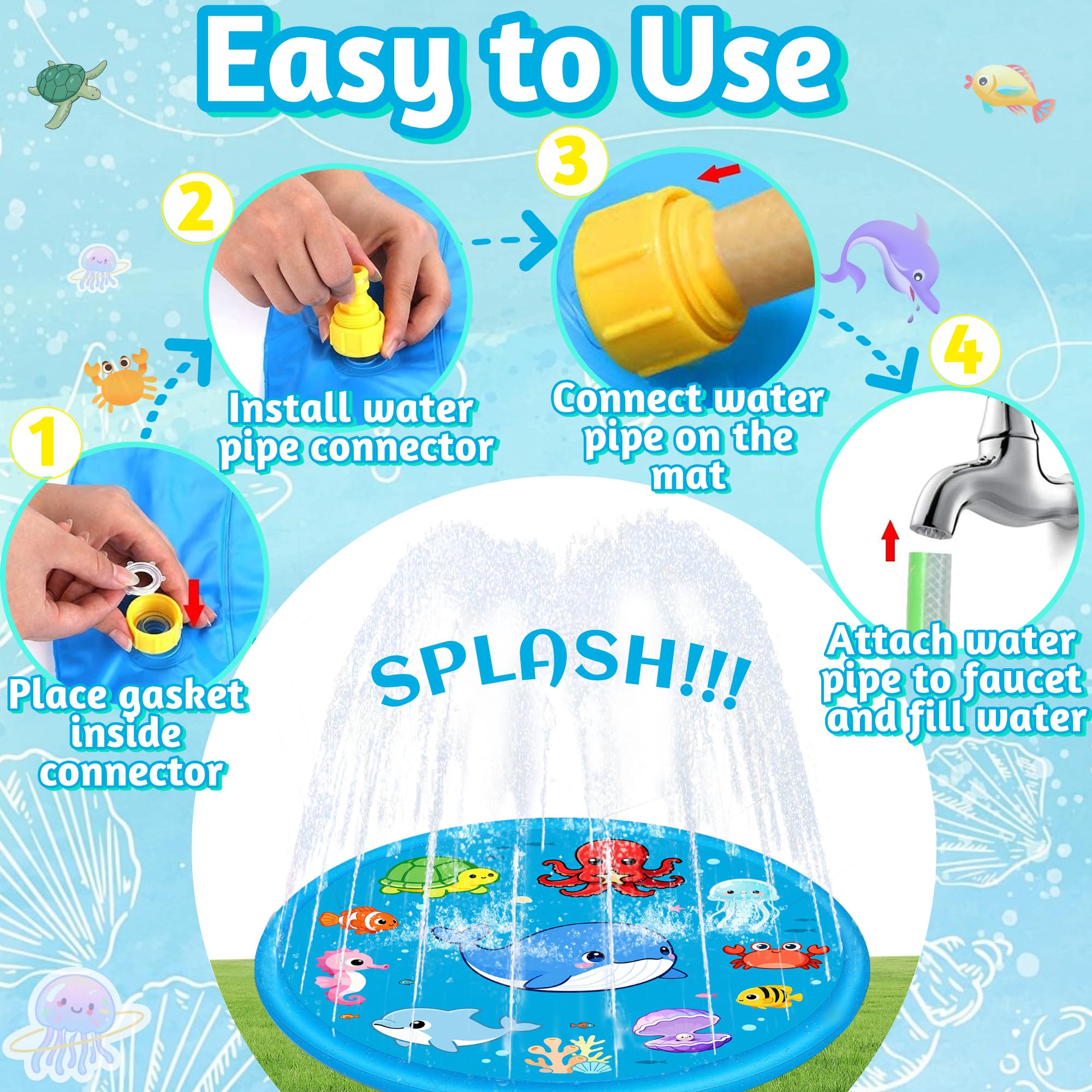 Chennyfun Tappetino Gioco d'Acqua per Bambini 68", Aumento Antiscivolo Splash Pad, Spruzza la piscina con giochi d'acqua, Giocattolo per tappetino spray da giardino per giochi all'aperto per Bambini