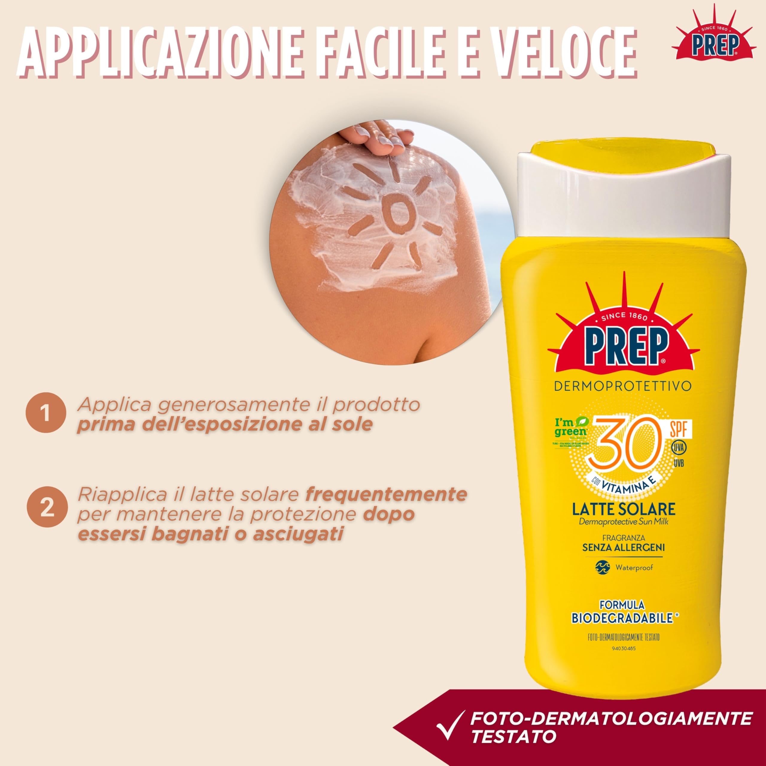 PREP Latte Solare Dermoprotettivo SPF 30, Protezione Solare Raggi UVA e UVB, 200ml