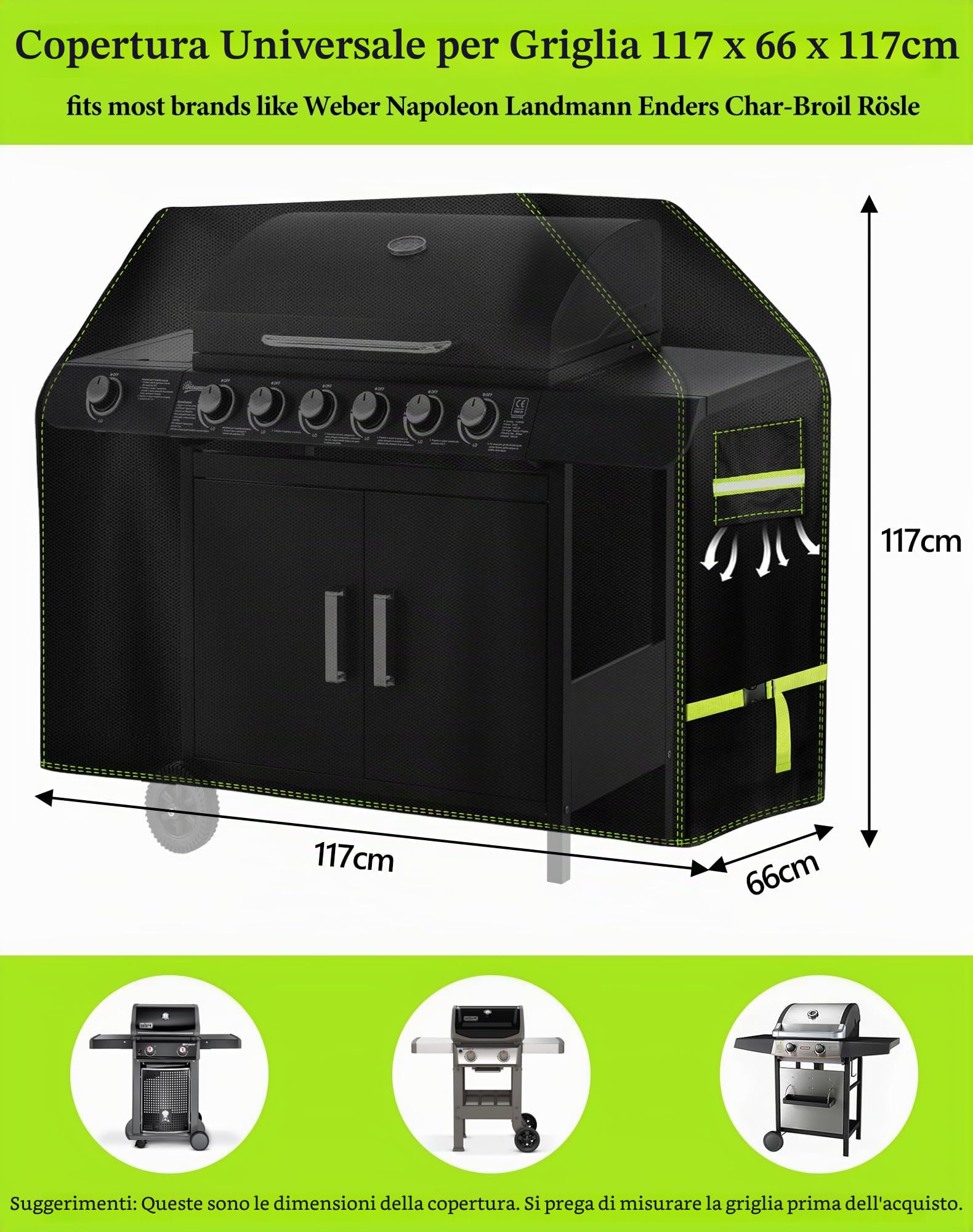 VDISRR Copertura Barbecue da Esterno, Tessuto Oxford 600D Resistente Telo Impermeabile 117 x 66 x 117 cm Copri Barbecue da Esterno per BBQ Grill Antivento UV Polvere Neve