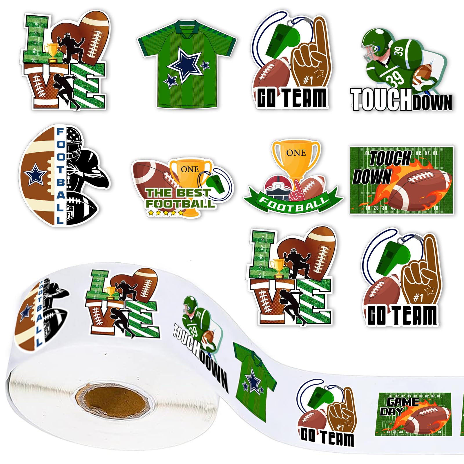 500pcs Football Theme Sticker Rolls,8 Designs Cartoon Football Self-Adhesive Sticker Decals, I Love Football Touch Down Cute Football Sticker for Kids
