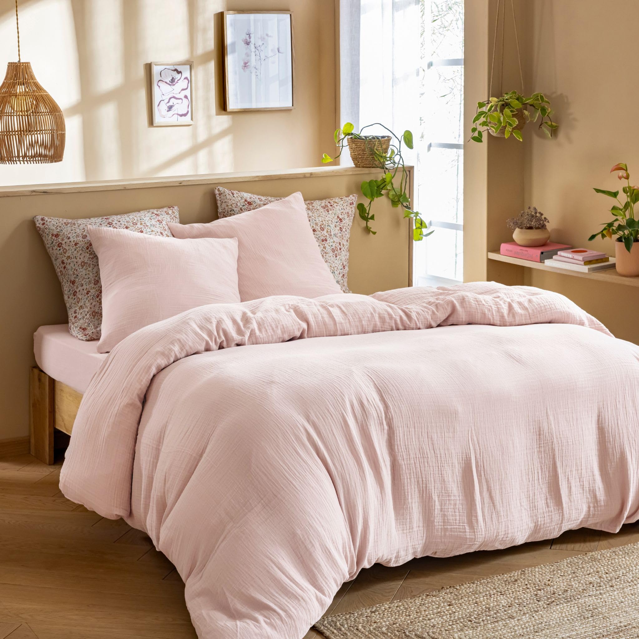 Terre de Nuit - Housse de Couette 240x220 Gaze de Coton Rose pâle Terre de Nuit June - Rose pâle - Uni - 57 Fils/cm² - Base Droite