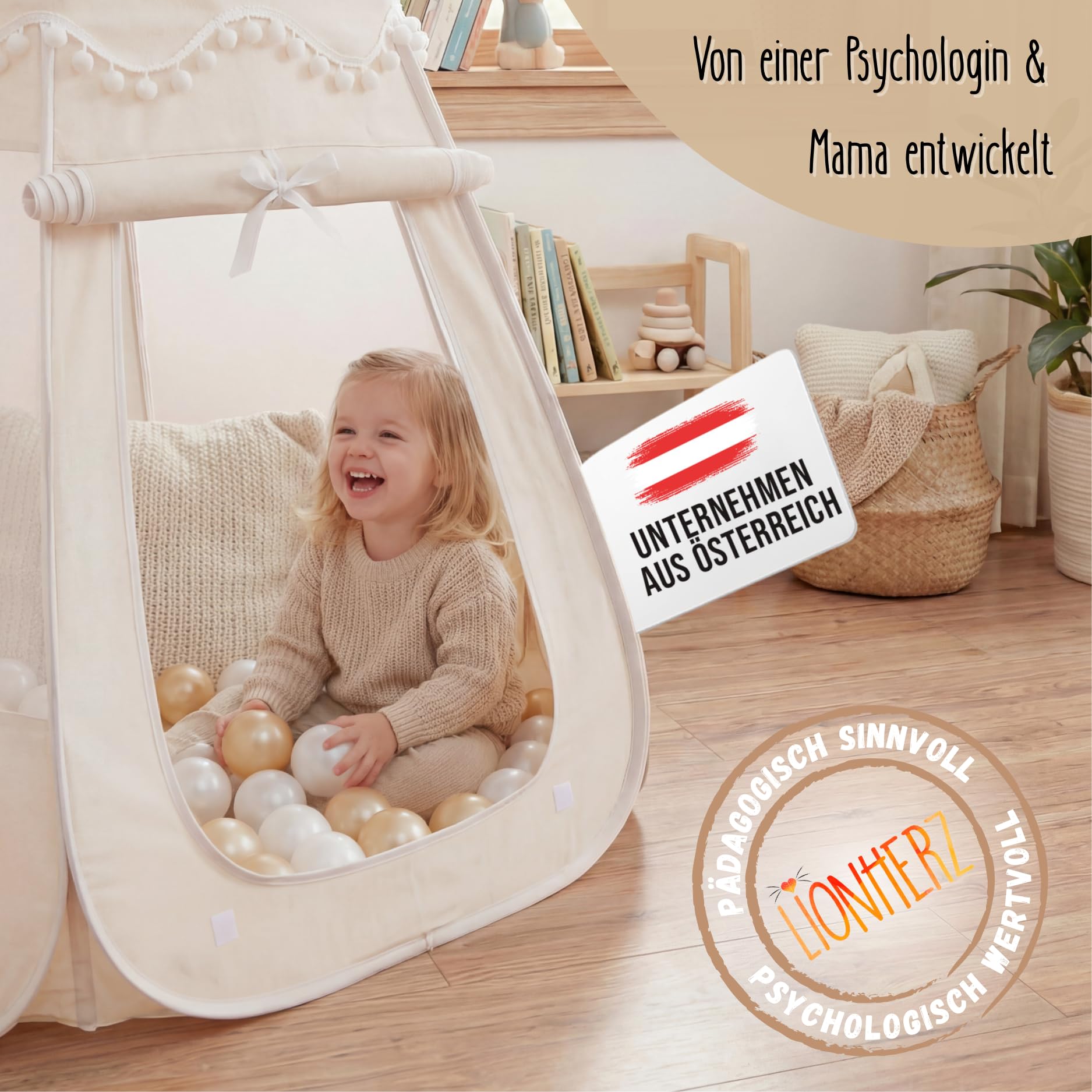 LIONHERZ® DAS ORIGINAL 2in1 Bällebad-Spielzelt für Kinder aus Baumwolle/Hanf [115x93cm] Pop-up Kinderzelt [faltbar & atmungsaktiv] Baby Ballzelt & Spielhaus Indoor | Jungen & Mädchen (Cremeweiß)