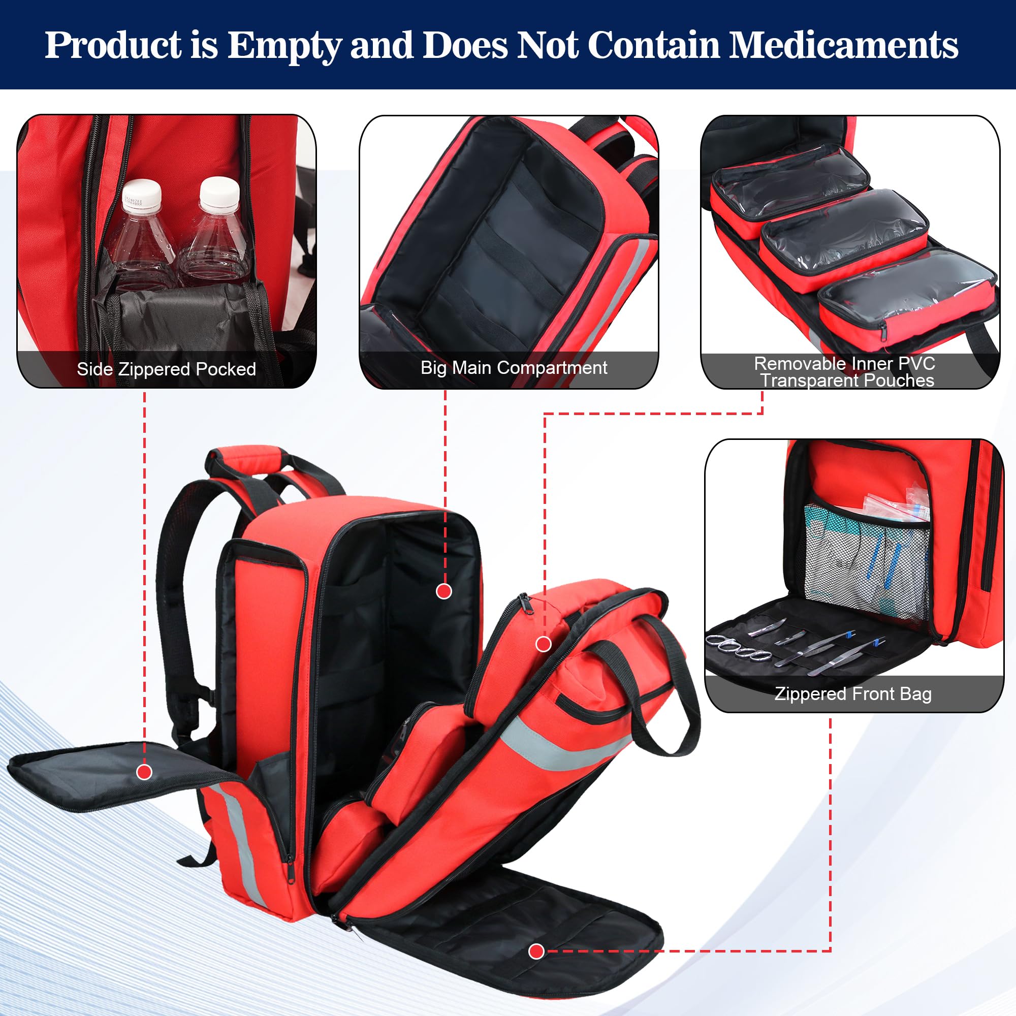 Mochila médica de primeros auxilios, kit de primeros auxilios de viaje vacío, bolsa de primeros auxilios EMT vacía, bolsa médica de emergencia, bolsa de trauma para camping, senderismo, al aire