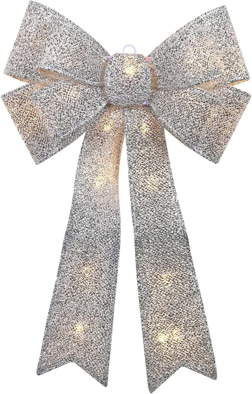 Decoración para árbol de Navidad de 60 cm con luz LED para puerta, 20 luces LED cálidas, decoración interior o exterior, coronas decorativas con lazo (plateado)
