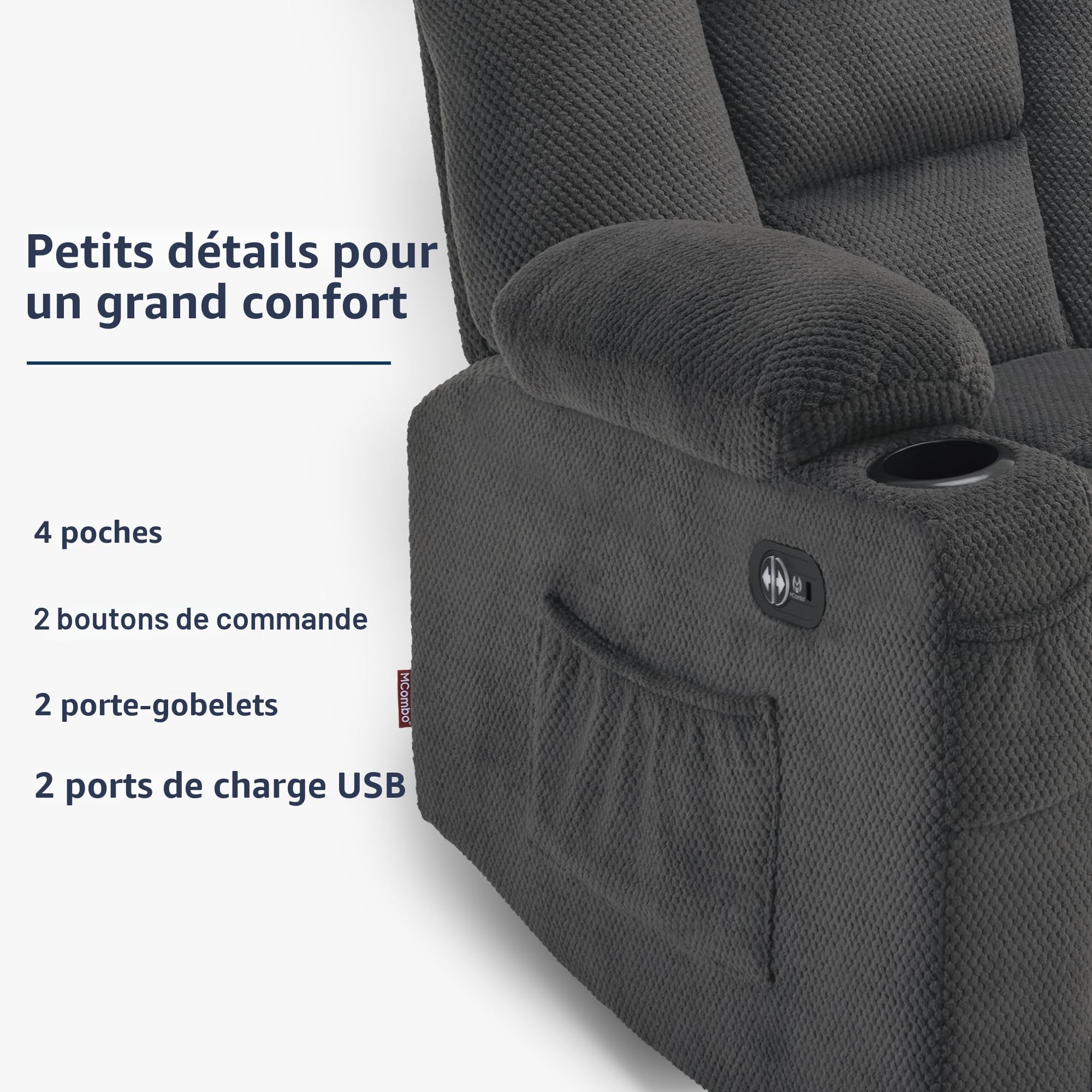 M MCombo Canapé électrique 3 Places avec Fonction Sommeil, canapé Relax 3 Places avec Bouton réglable à 150°, Chaise de cinéma avec Fonction inclinable, USB & Porte-gobelet, 7009 (Gris)
