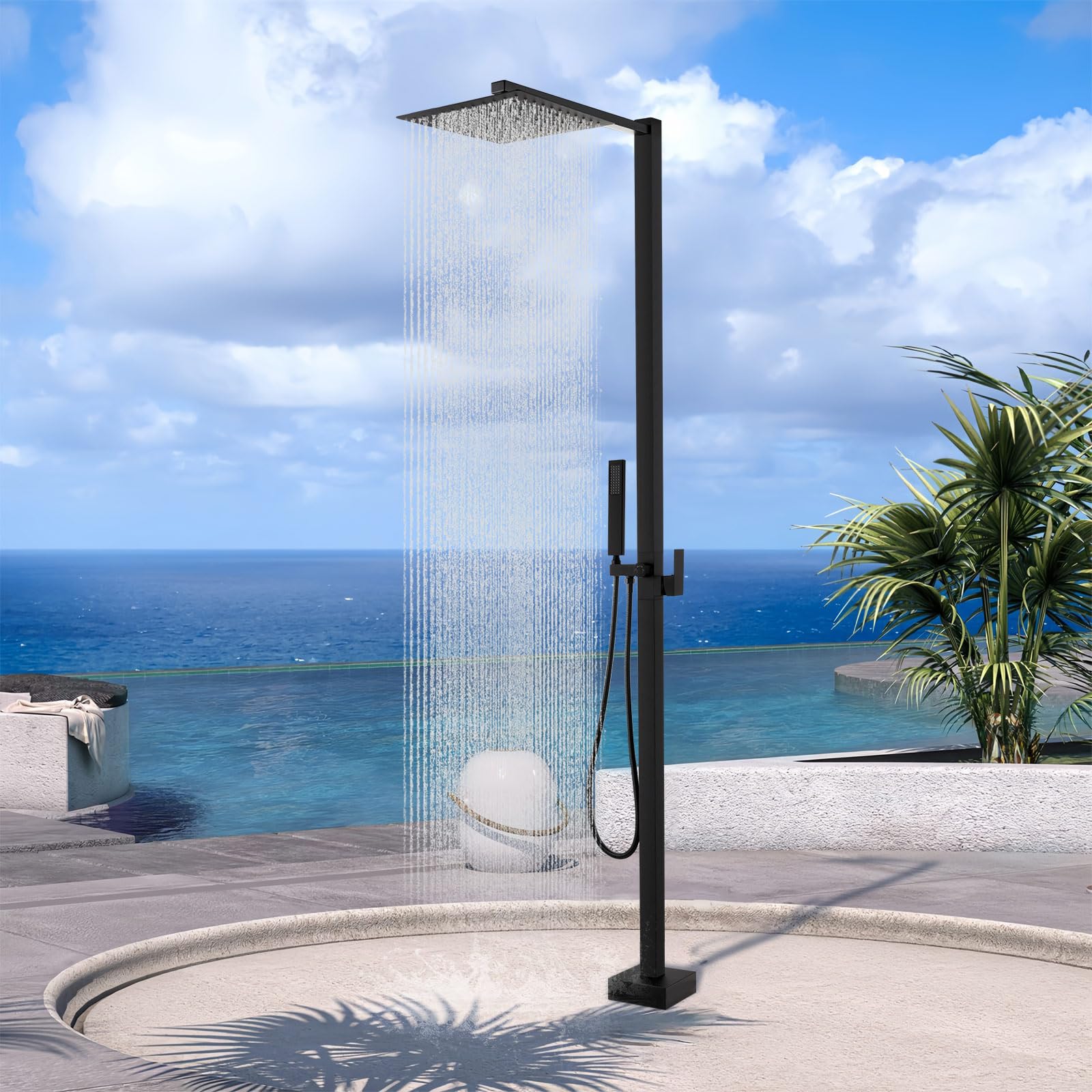 Douche Extérieure de Jardin Autoportante en Acier Inoxydable, Douche de Piscine Extérieure avec Douche Pluie et Douchette à Main, Eau Chaude et Froide, Idéale pour Jardin, Piscine et Villa