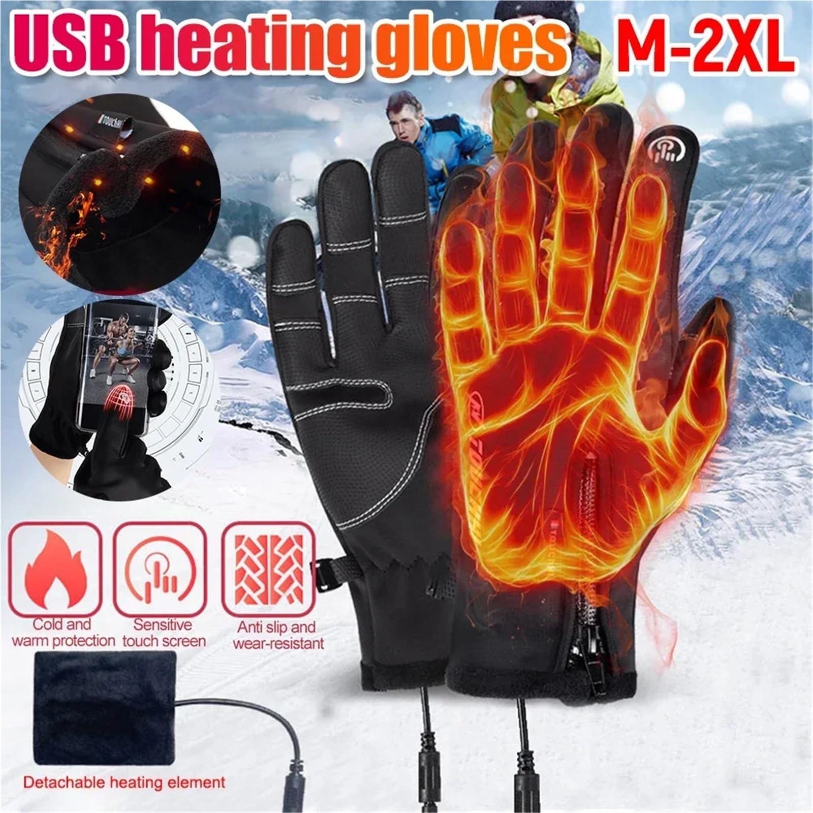 Guanti riscaldati, Guanti Da Moto Riscaldati Touch Screen USB 3 Marce 2 Pezzi Outdoor Winter Ski Sport Pesca Warm Riding Bicycle,per donne e uomini