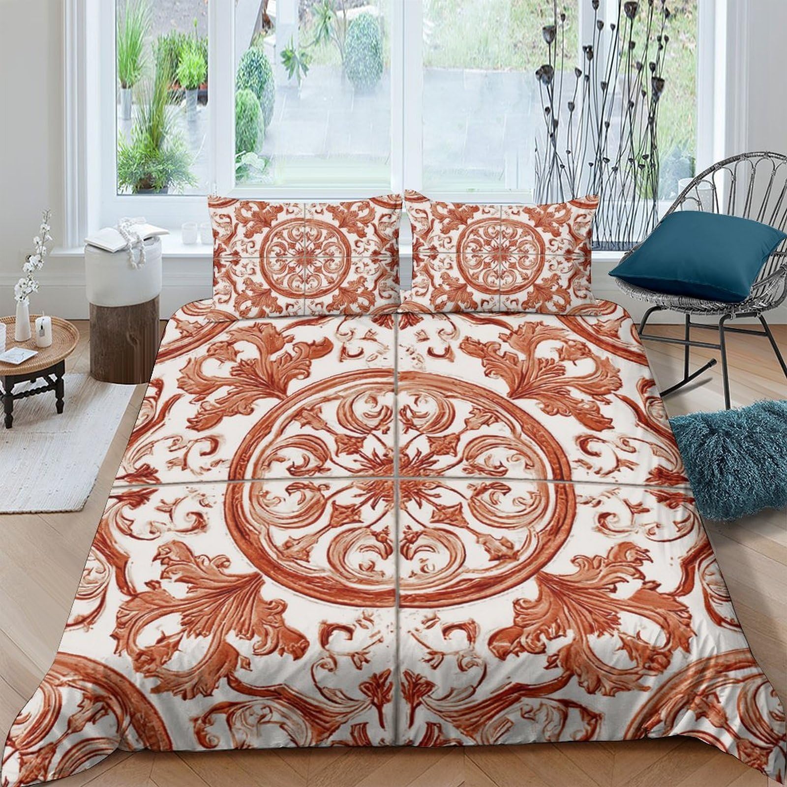 Ctjqhvkz Style-5 3D Printed Baroque Mandala Fitted Sheet Microfiber Orange Ornamental Bed Cover Anti-Slip Machine Washable Bedroom Single（135X200cm）