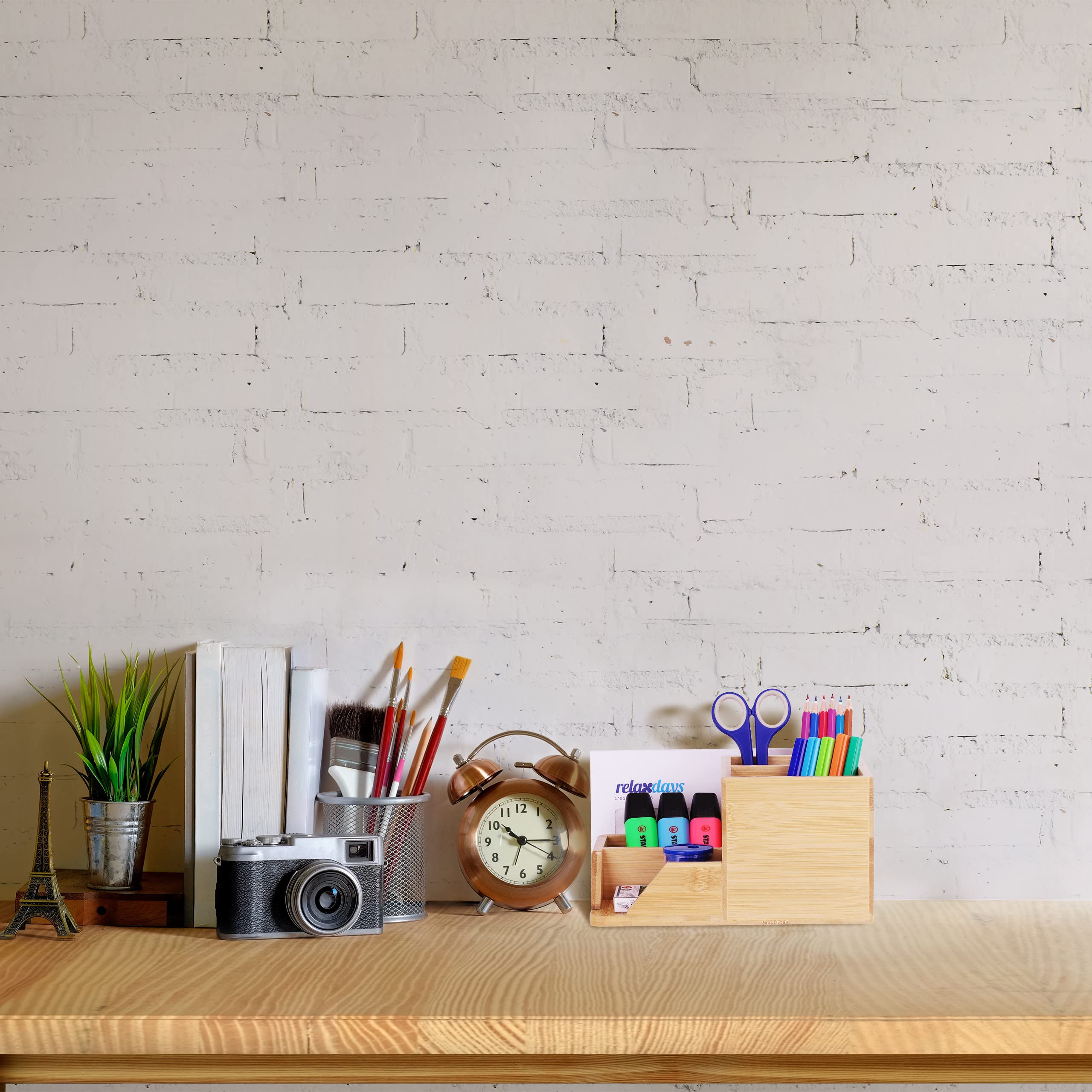 Organiseur De Bureau En Bambou Naturel - 5 Compartiments Pour Rangement Stylos, Cosmétiques, Outils