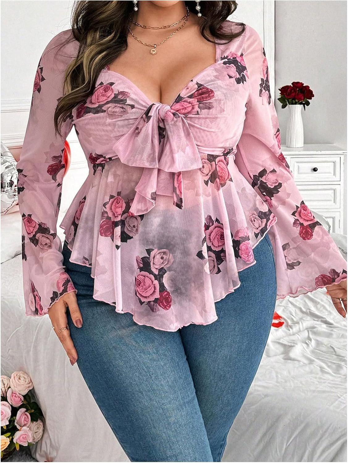 Women's Plus Size Floral Print Tee Shirt Y2k Bow Tie Knot Long Sleeve Deep V Neck Fitted Tops - Image 4
