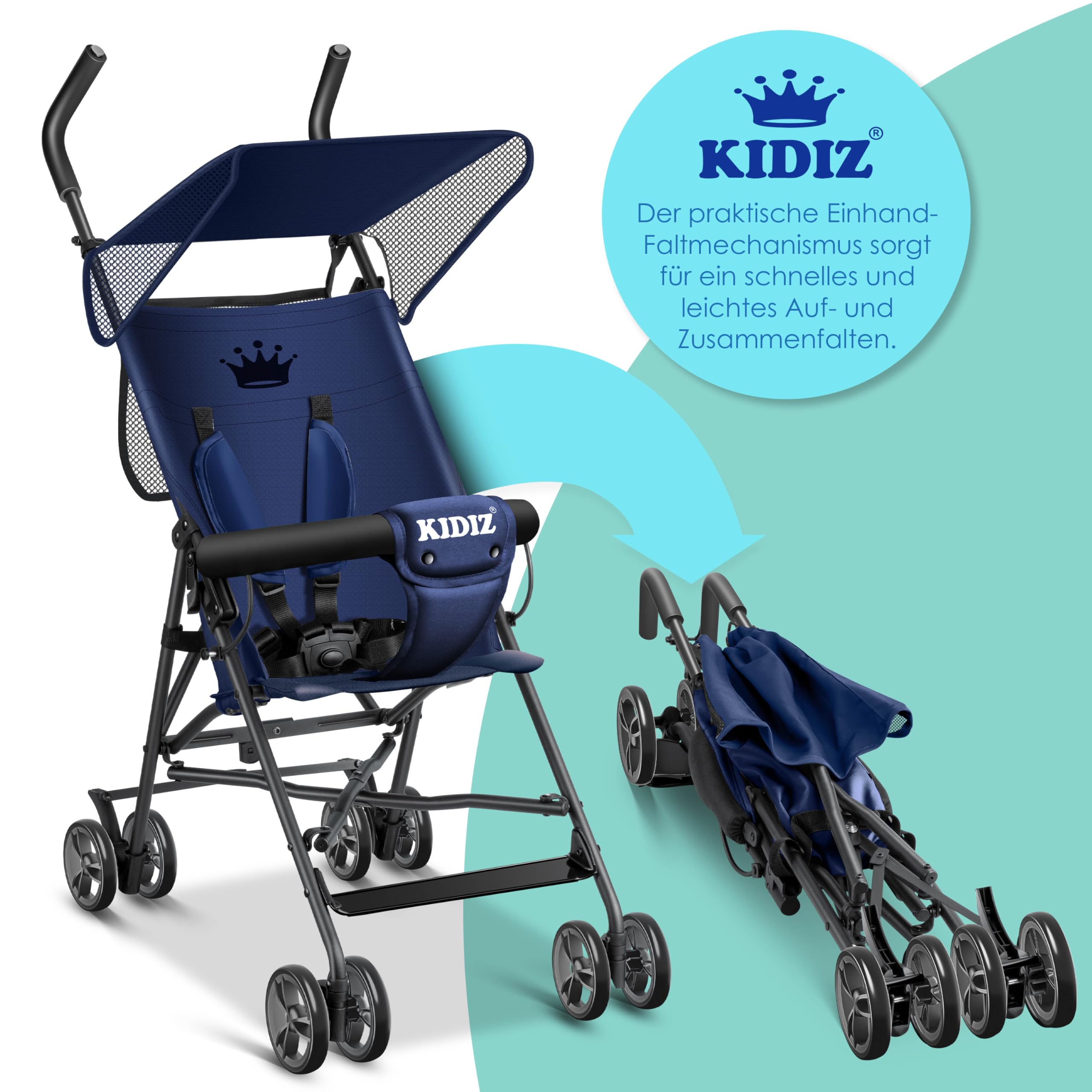 KIDIZ Poussette pliante 360°, roues 4", avec parasol, ceinture de sécurité 5 points de 6 mois, bleu/bleu marine