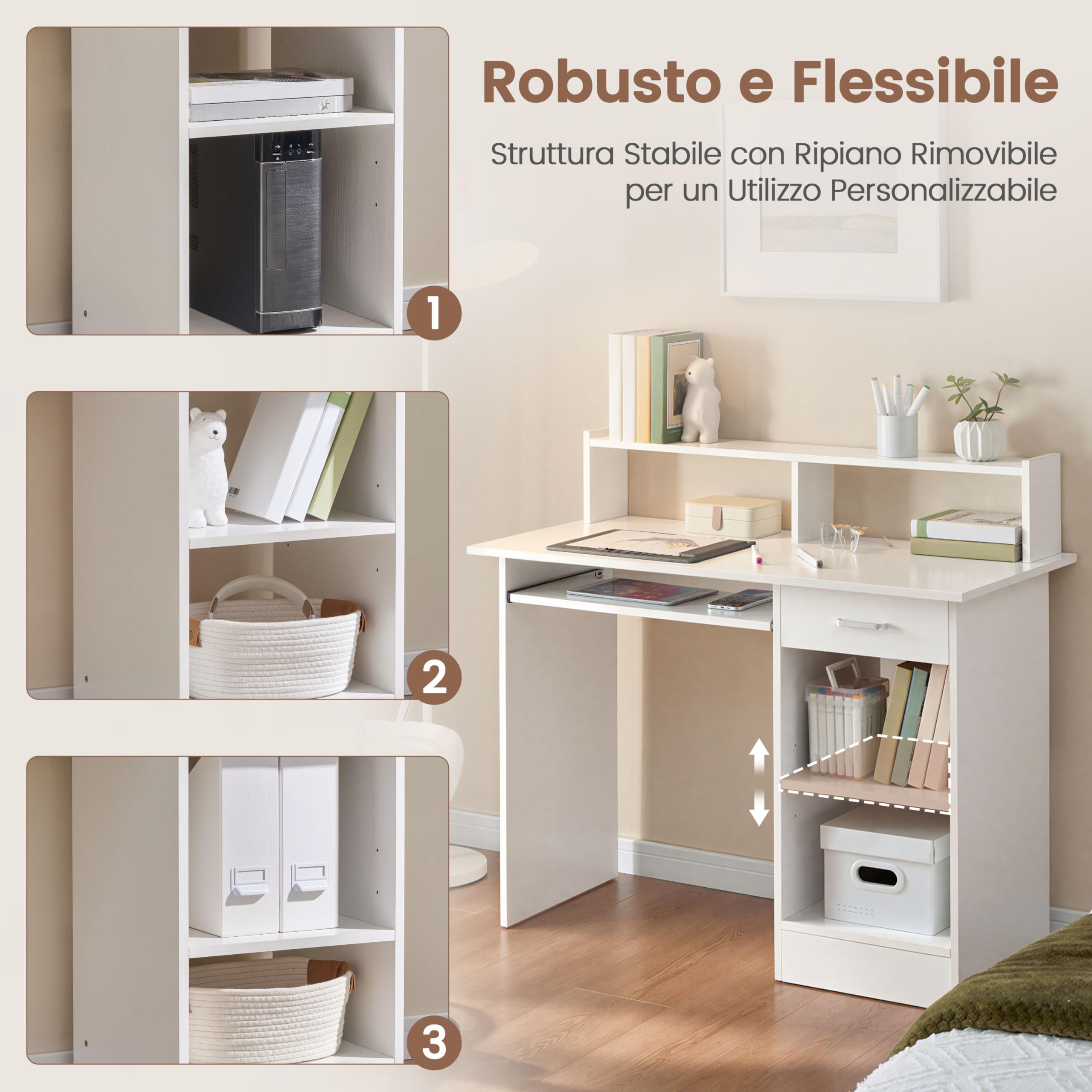 Yaheetech Scrivania per Computer Bianco Tavolo per PC da Studio con Cassetto Scrittoio con Libreria da Ufficio Salvaspazio Cameretta 106 x 50 x 94 cm