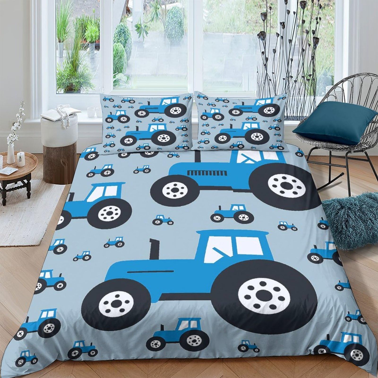Ctjqhvkz Style-10 3D Printed Blue Tractor Fitted Sheet Microfiber Soft Anti-Slip Farm Vehicle Bed Cover For Bedroom Dorm Decor Single（135X200cm）