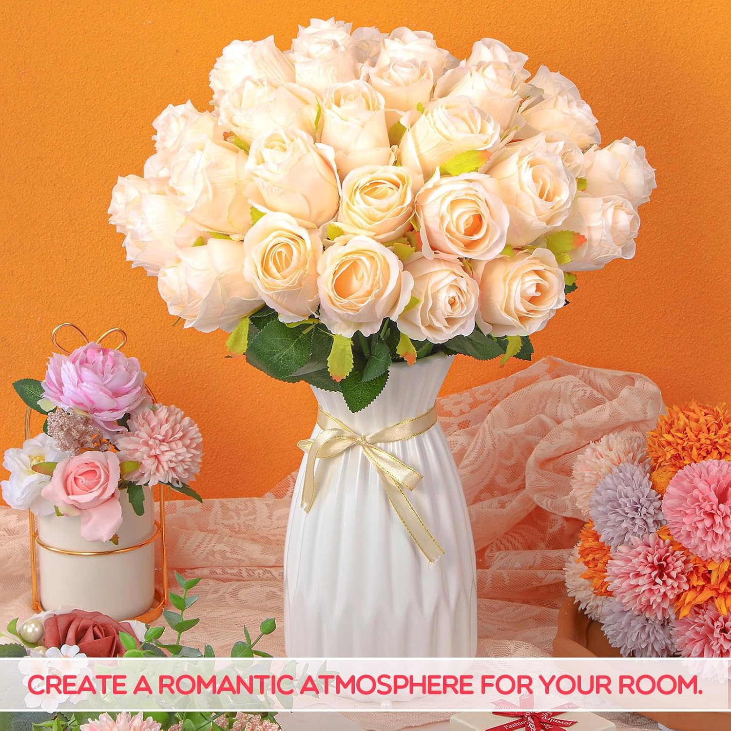 Jexine 100 Pieces Artificial Roses Flowers Bulk, Long Stem Realistic Fake Silk Roses Bouquet for Table Centerpiece Vases Wedding Party Kitchen Decor(Beige) - Image 4