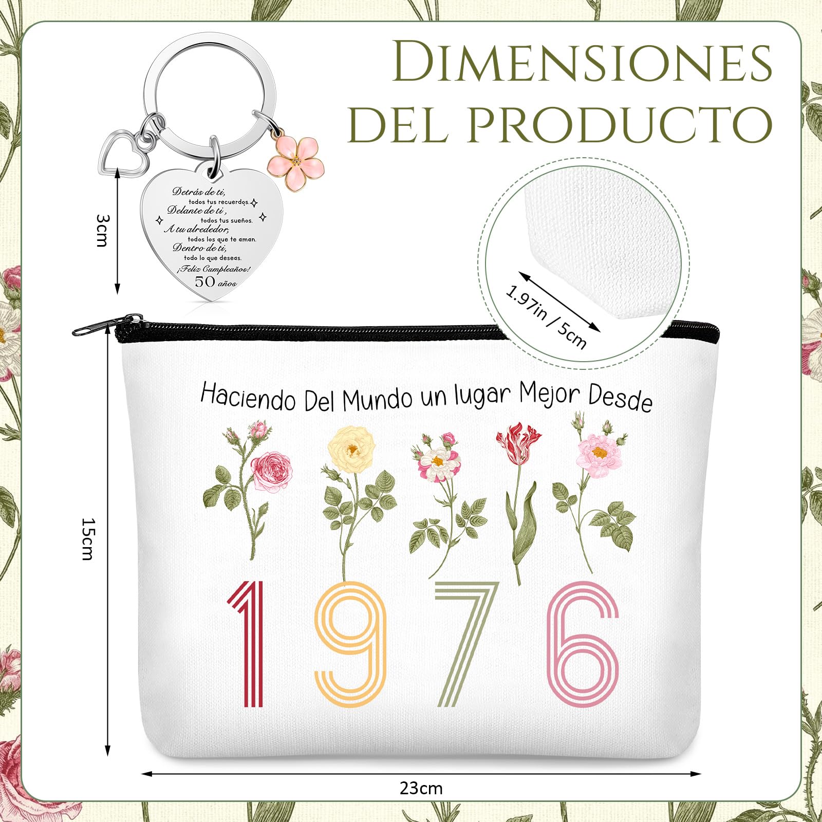 Xuniea Regalo Cumpleaños para Mujer, Bolsa de Maquillaje Arcoíris, Bolsa de Lona, Llavero de Acero Inoxidable, Regalo para Cumpleaños Aniversario Despedida Navidad (50 Años)