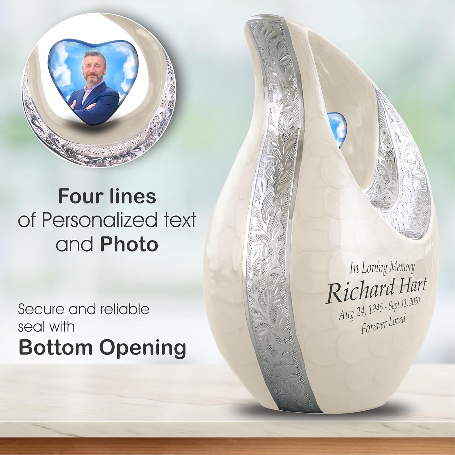 Personalized Photo & Text White Teardrop Cremation Urns for Adult Ashes Male Female - 156 Lbs Burial Urns for Human Ashes - Handcrafted Funeral Decorative Urn for Adult with Velvet Bag - Image 2