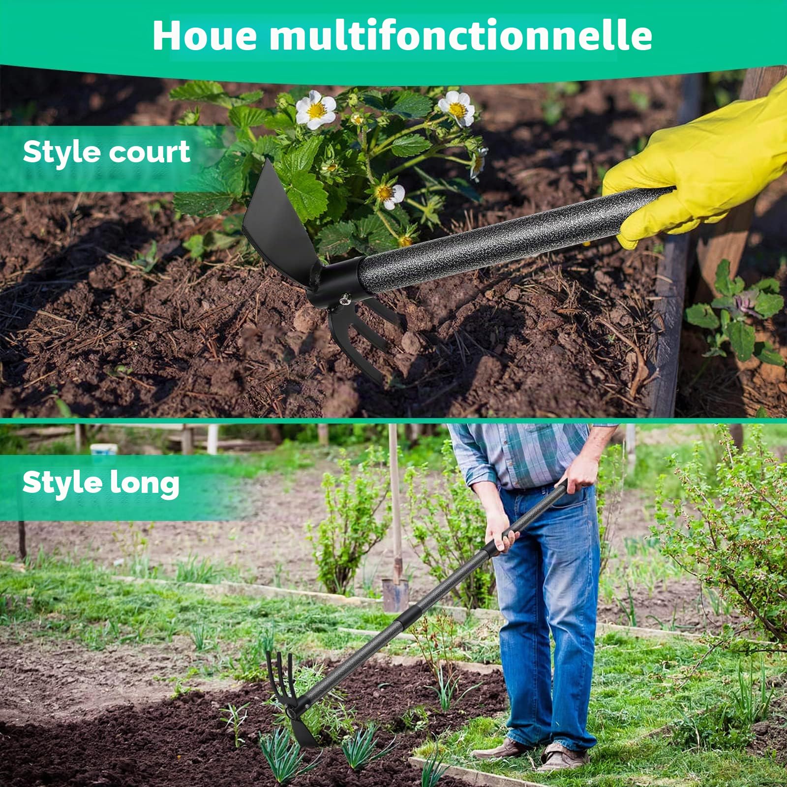 Houe de Jardin avec 2 Griffes, Largeur 114cm, Serfouette Binette Trident de Jardin pour Labourer et Désherber Le Sol, Cultivateur de Jardinage Manuel…